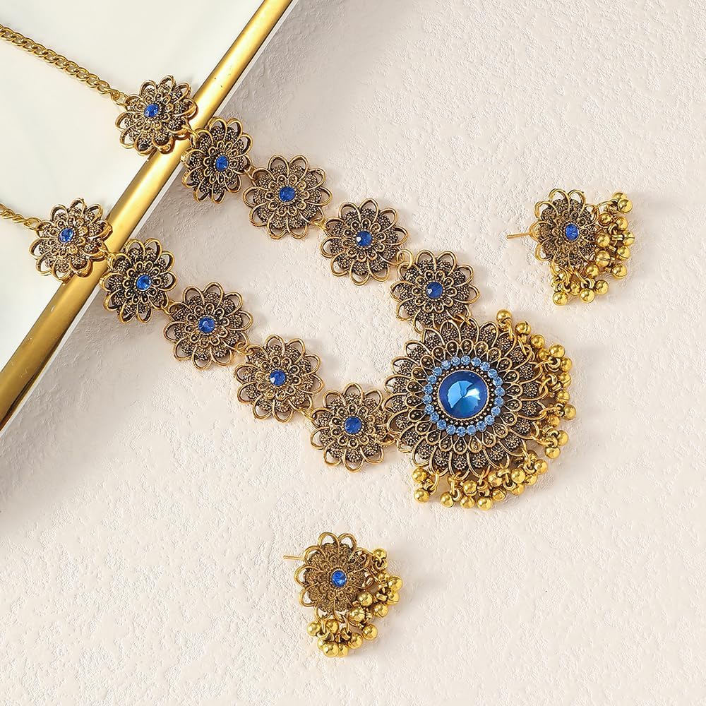 Bollywood Indian Jewelry Sets for Women Wedding Party Jewelry Flower Tassel Beaded Dangle Earring Oxidized Indian Choker Necklace Gold-Tone Plated Zirconia Jhumkas Chandelier Earrings Boho Jewelry - Image 4