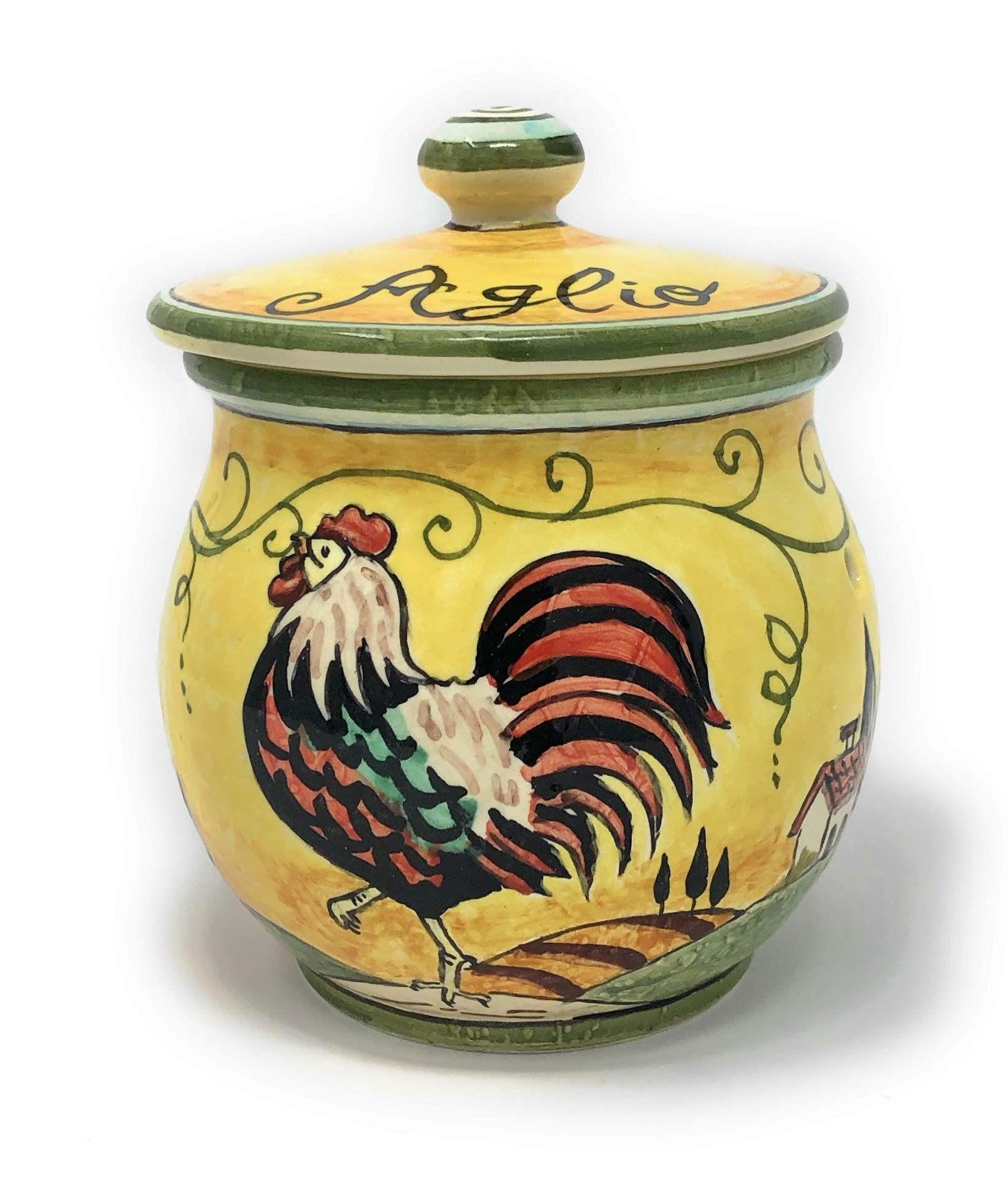 CERAMICHE D'ARTE PARRINI- Italian Ceramic Brings Garlic Jar Holder Hand Painted Decorated Rooster Tuscan Landscape Made in ITALY Tuscan Art Pottery