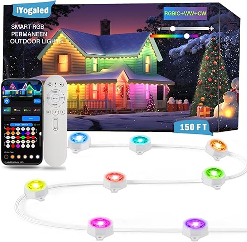 Miniatura 1 de Luces permanentes para exteriores de 150 pies, luces LED RGB inteligentes que cambian de color con control de aplicación, iluminación impermeable