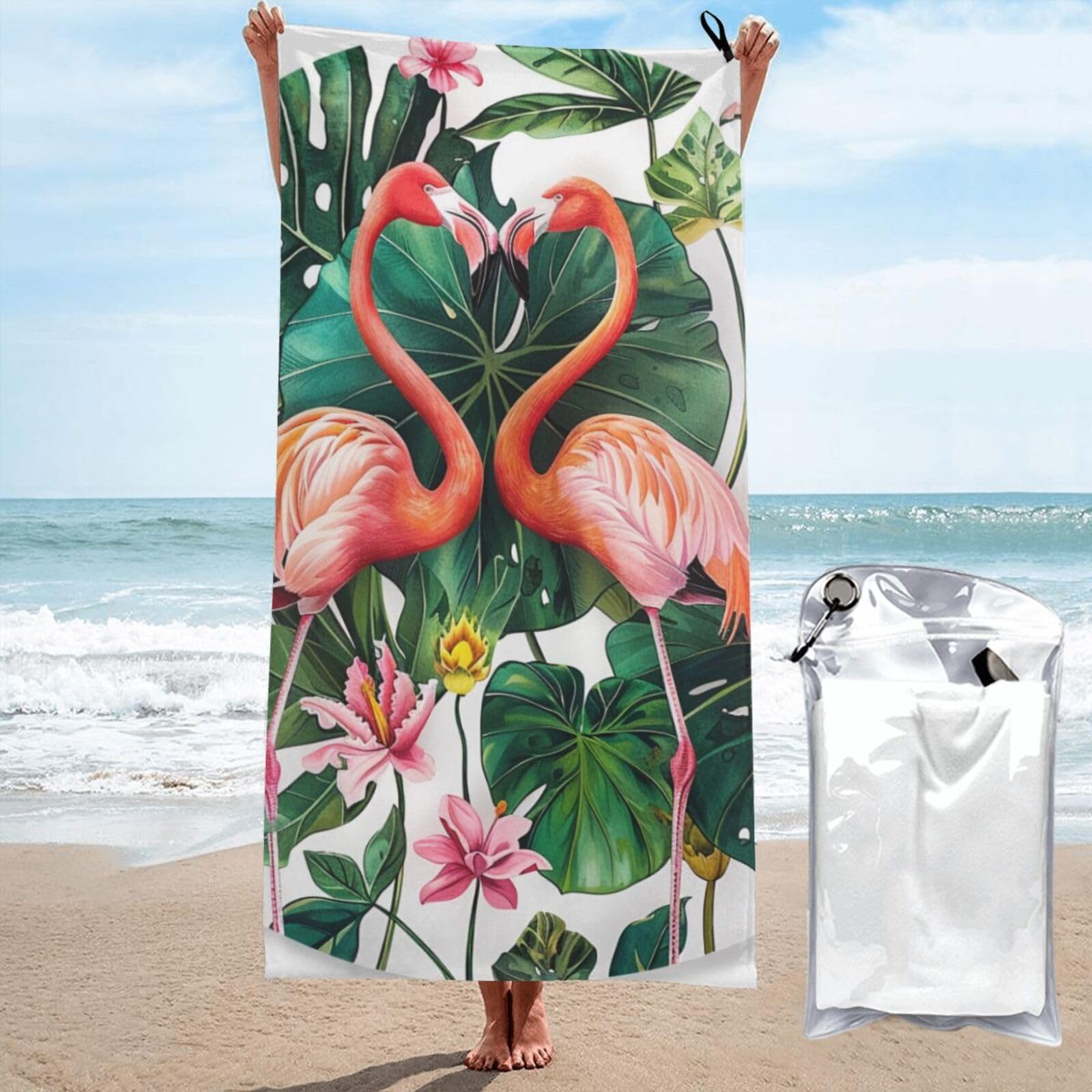 kkvhhyuo Microfiber Beach Towel, Flamingo Bird Round Leaves Printed Lightweight Quick Dry Travel Bath Sheet with Compact Carry Bag for Swimming Yoga Camping Gym,31.5"x63"