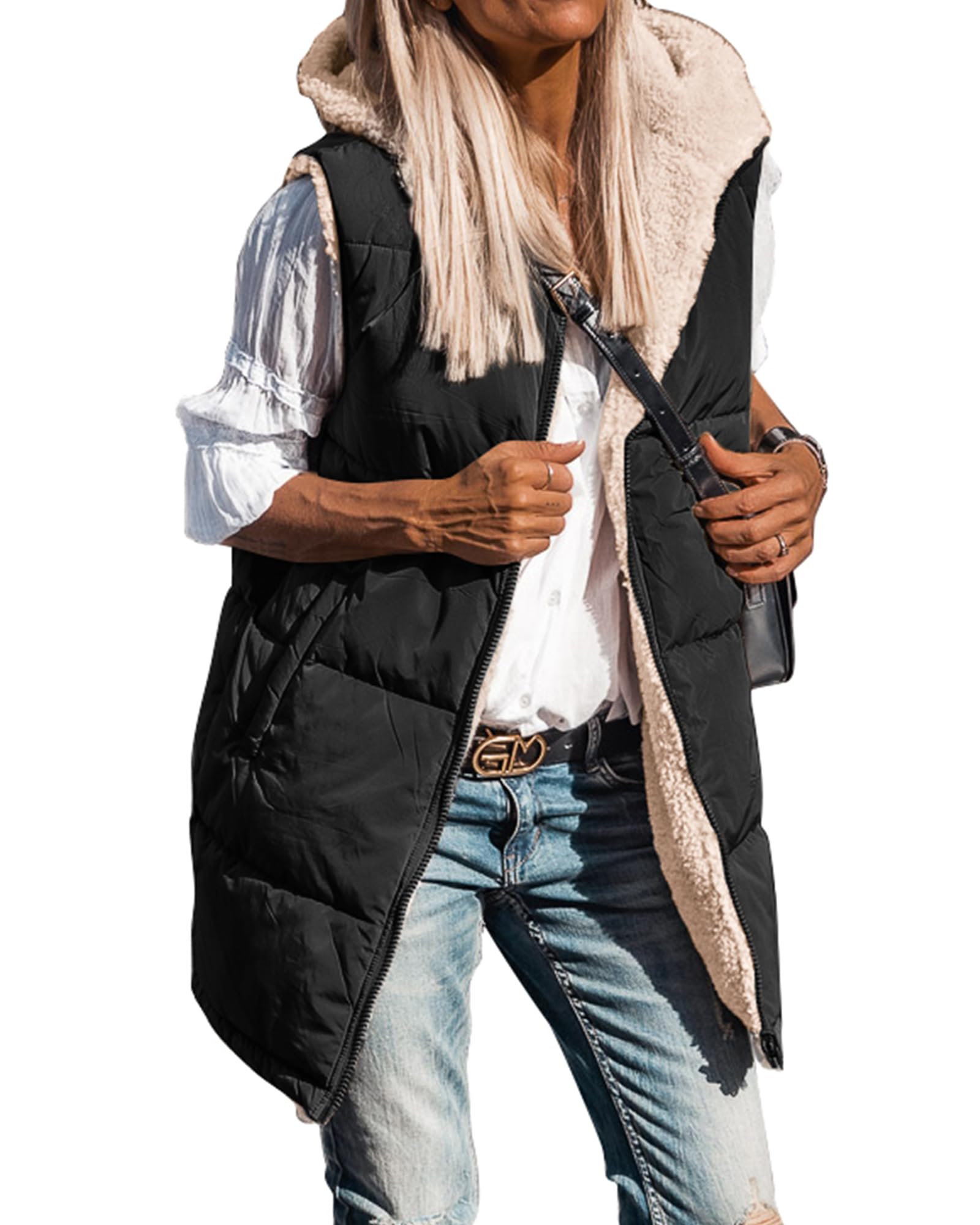 BTFBM Long Puffer Vest Women Fleece Sherpa Jacket Sleeveless Hooded Reversible Zip Up Winter Coat Fall Vests Outerwear