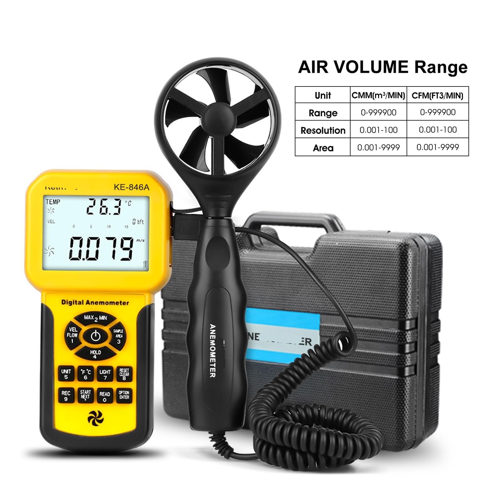 Velocità del -vento, con retroilluminazione e anemometro for mantenimento dati. Misuratore di portata d'aria portatile HVAC(846A)