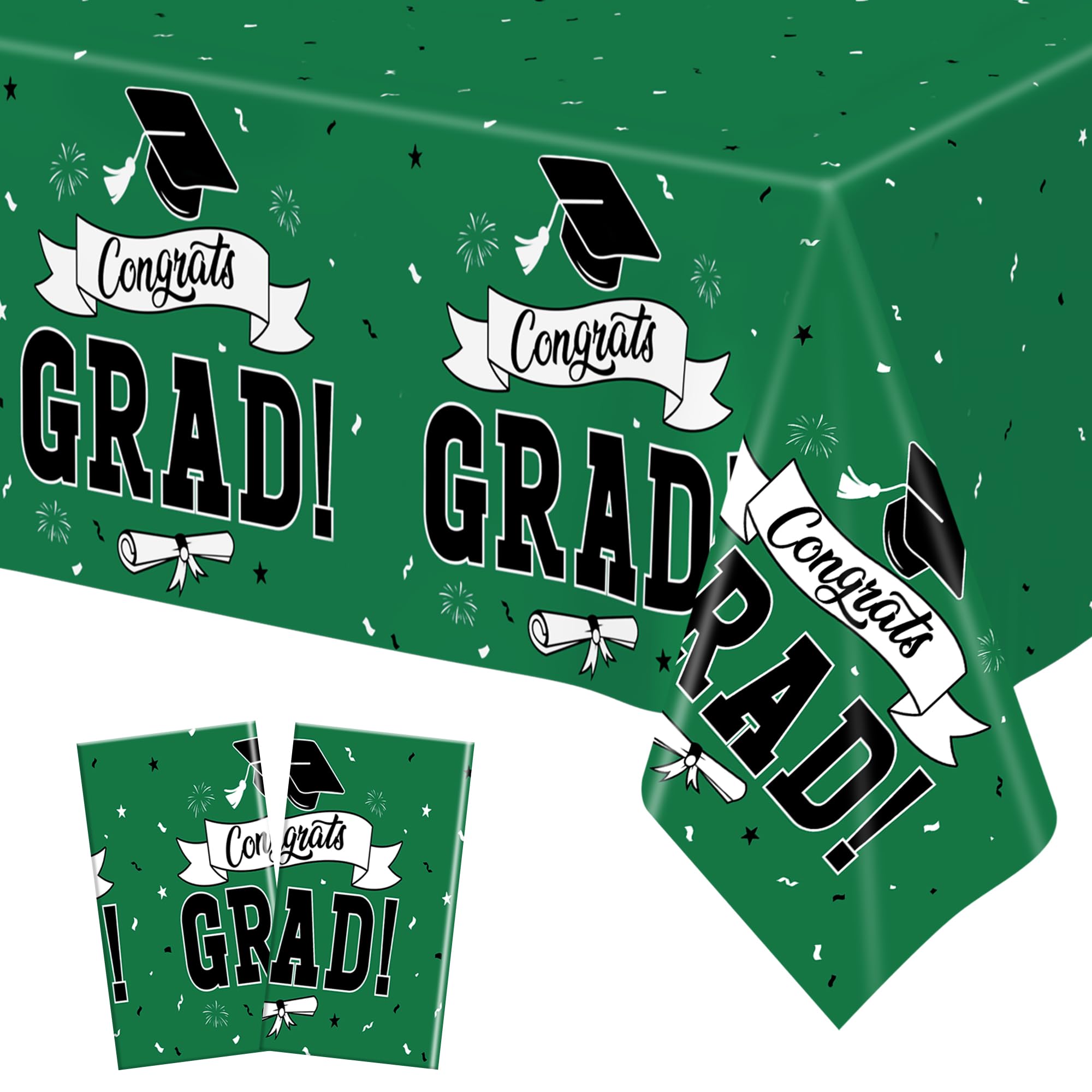 2Pcs Graduation Tablecloth, 108" X 54" Green Graduation Table Decorations 2026, Rectangle Tablecovers for Class 2026 Congrats Grad, Disposable Plastic Tablecover for Grad Decor Party Supplies for Kids