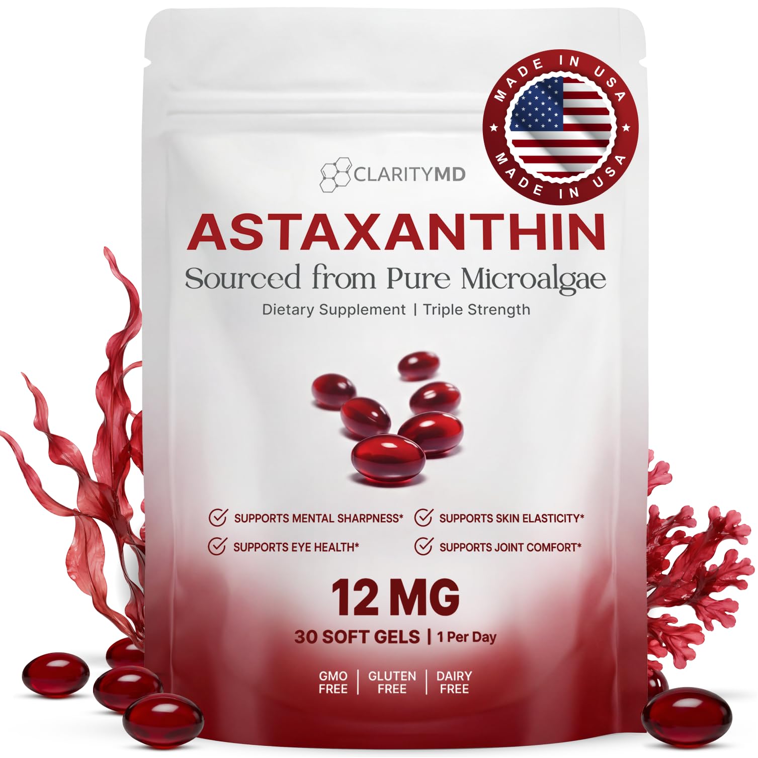Astaxanthin 12mg Antioxidants Supplement – Natural Microalgae Source – Lipid-Based Softgel for Enhanced Absorption – Cognitive, Vision & Joint Support – 30 Soft