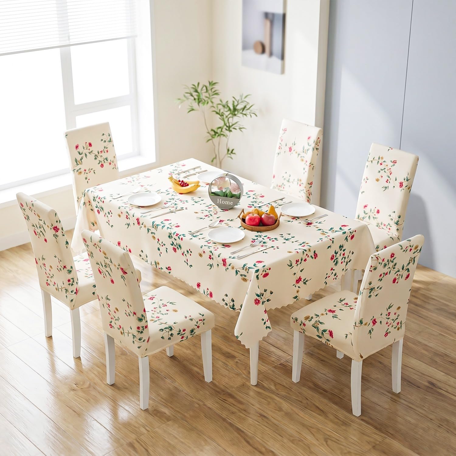 Deejay Dining Table Cover with Stretchable Chair Covers | PVC Polyester Rectangular Table Cloth for Dining Room & Kitchen | Floral Design Slipcover (1 Table Cover + 6 Chair Cover, Beige Tulip)-image-37