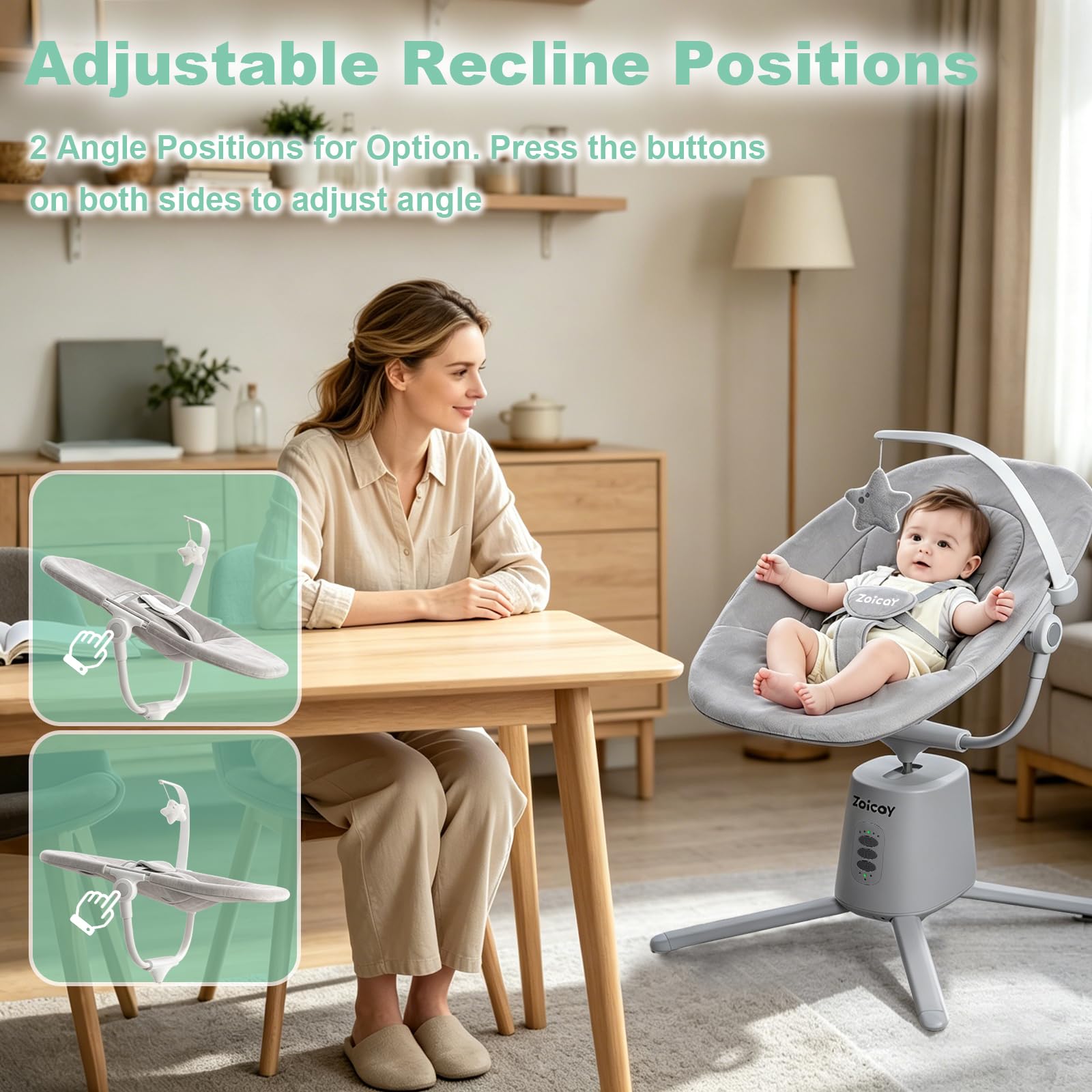 Zoicay Mecedora Bebe Electrica con 3 Modos y 5 Velocidades | Hamaca Bebé Respaldo Ajustable, Función de Temporización y Música Mando a Distancia y Bluetooth para bebe 0-9 Meses (Gris)