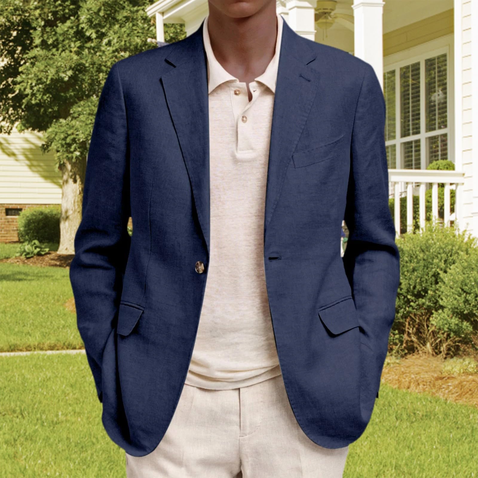 Chaqueta de lino para hombre, chaqueta de traje de ocio para hombre, ligera, con un botón, abrigos deportivos con cuello de solapa de muesca, blazer de manga larga de ajuste relajado con bolsillos