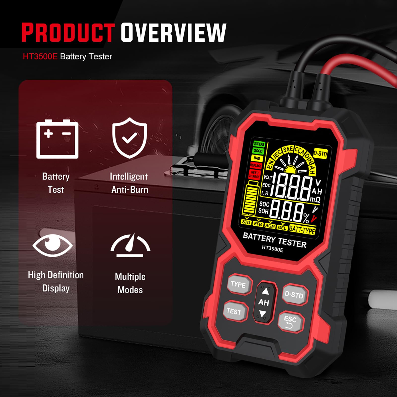 Tester Akumulatora Samochodowego 12 V 24 V Tester Obciążenia Akumulatora Samochodowego z Kolorowym Wyświetlaczem LCD do Pojazdu Ciężarowego RV Łódź Motocykl CCA SOC SOH Tes (HT3500E Wersja