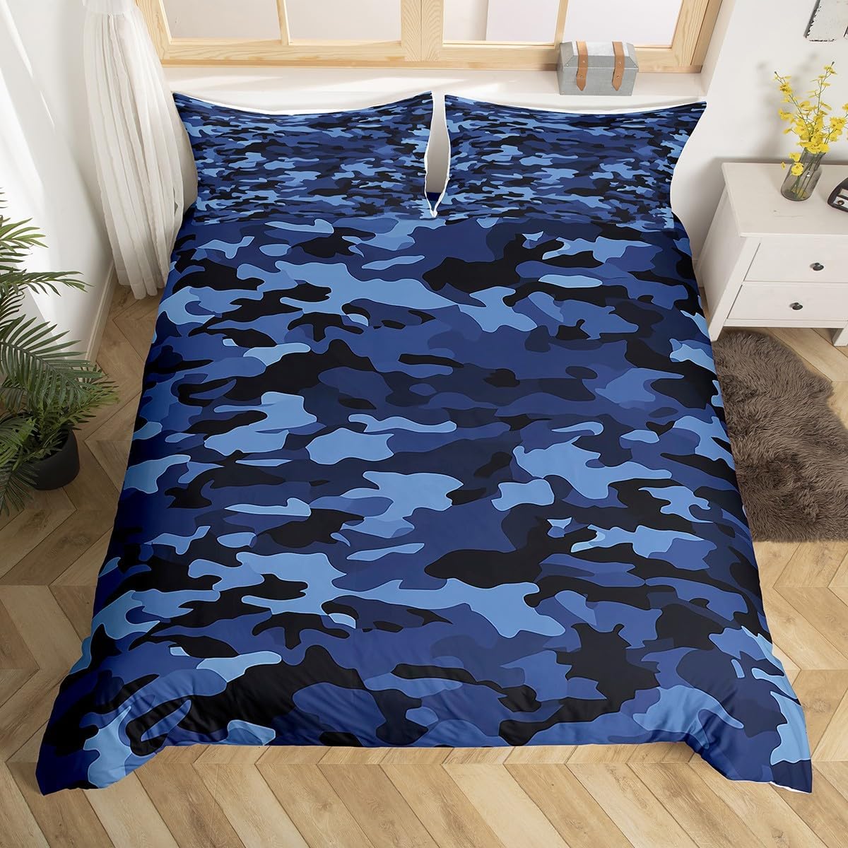 Homewish Camouflage Duvet Cover Set Full Size Army Camo Bedding Set 3pcs for Kids Boys Teens Room Decor, Dark Blue Print Comforter Cover Abstract Modern Bedspread with 2 Pillowcases