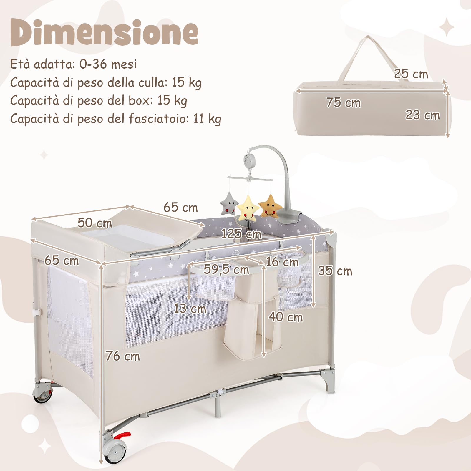 COSTWAY 5 in 1 Lettino per Bambini con Materasso, Lettino Culla da Viaggio per Neonati, Culla Neonato con Fasciatoio, Box Portatile Pieghevole, con Ruote e Borsa, 125 x 65 x 119 cm (Beige)