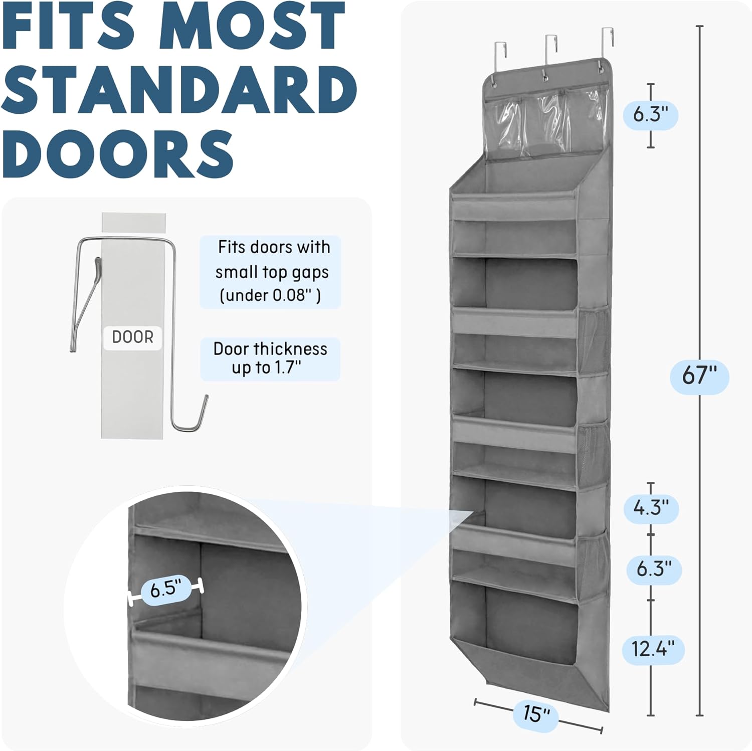 Over The Door Organizer Hanging with 5 Large & 6 Side Pockets 5 Tier Behind Door Storage 50 lbs for Closet, Nursery, Bathroom Door Organizer, 1 Pack, Grey - Image 2