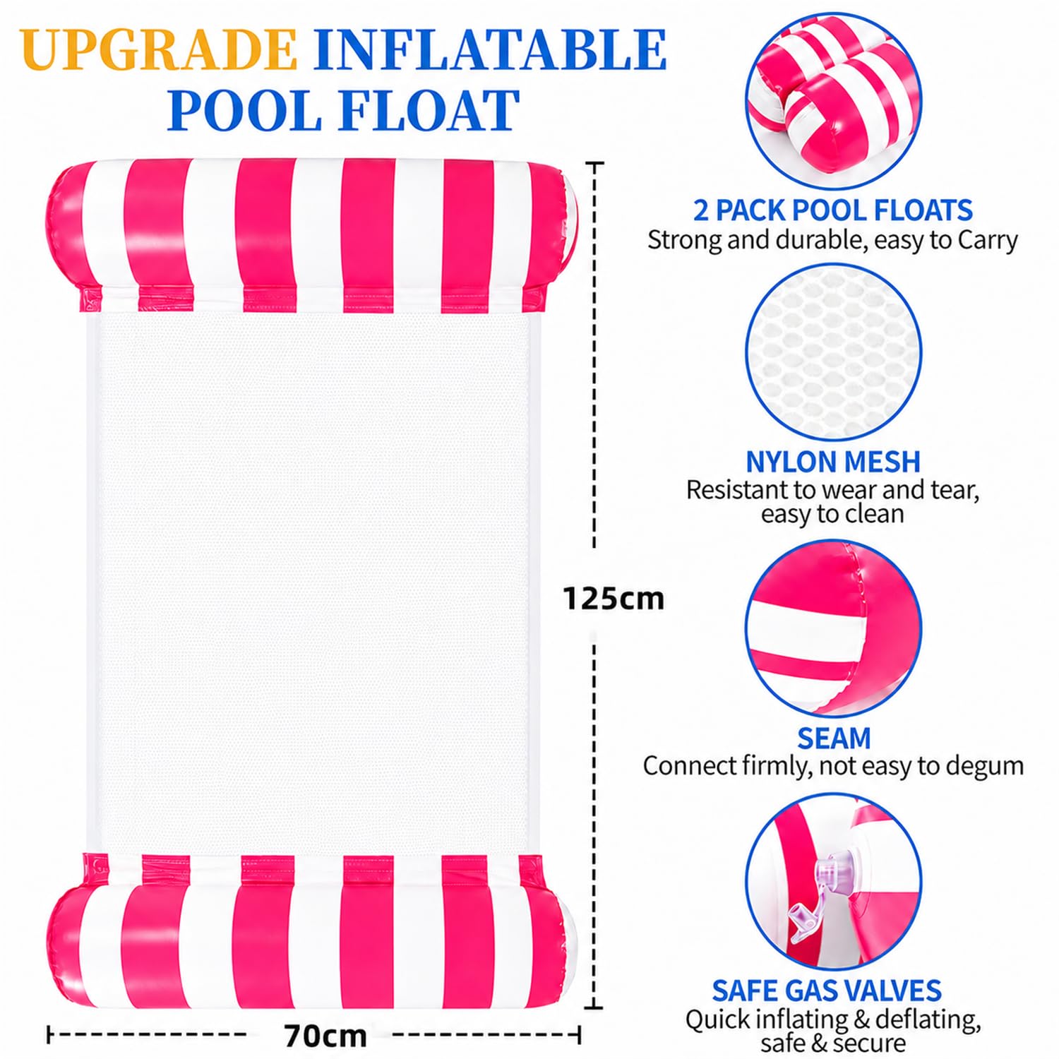 2 Piezas Colchoneta Hinchable Piscina Adultos 4 en 1, Hamaca Flotante con Red de Malla, Reposacabezas y Bomba Manual, Flotador Piscina Adulto Plegable para Piscina, Playa y Vacaciones