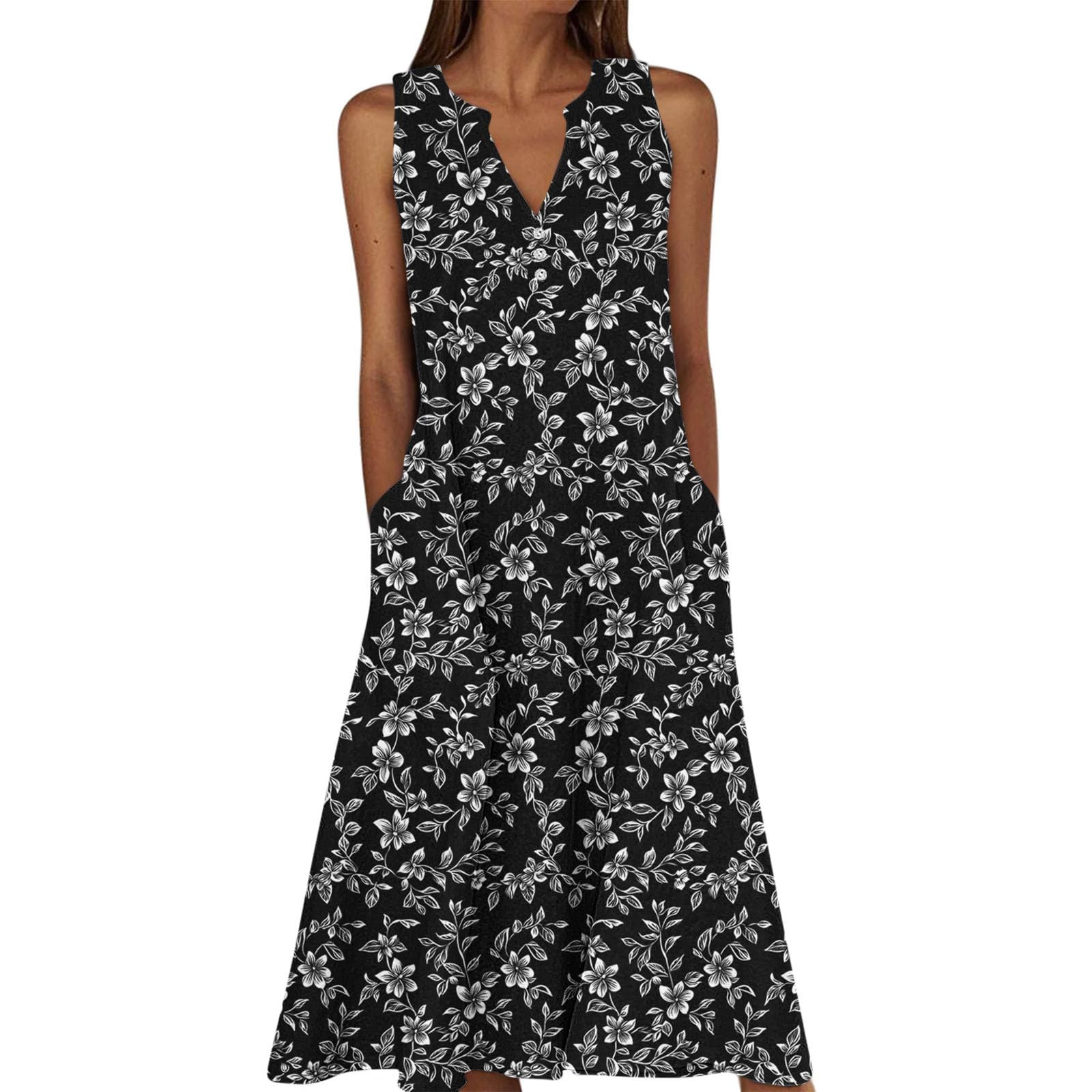 Summer Floral Print Midi Dresses for Women Boho Sleeveless V Neck Tank Dress Beach Vacation Sundress with Pockets — view 15