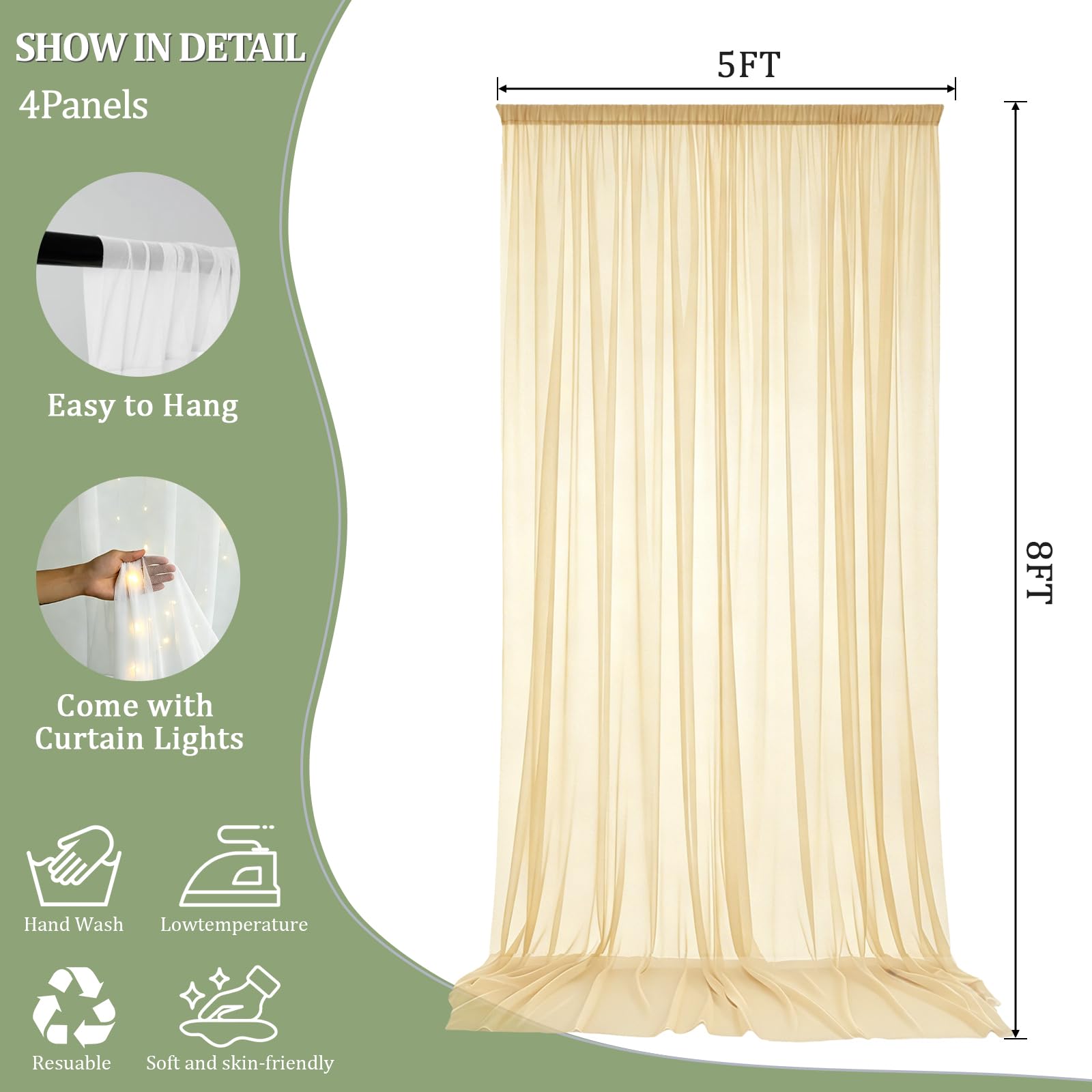 Rideaux de fond en tulle champagne avec guirlandes lumineuses pour fêtes – Rideaux transparents de 50,8 x 2,4 m avec lumières pour mariage, fête prénatale, fête d'anniversaire, décoration de