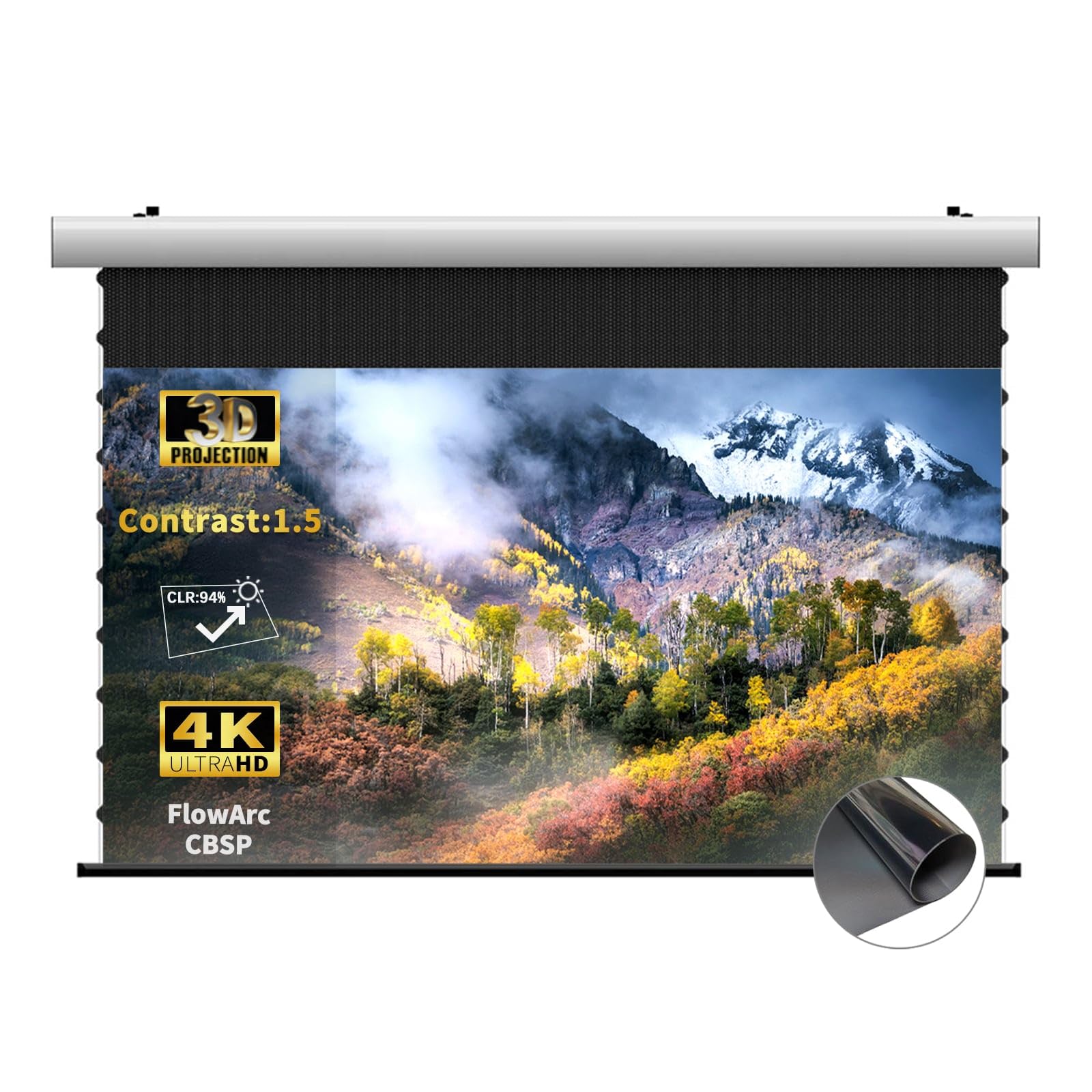 CBSP - Schermo a discesa motorizzato Deluxe, involucro in alluminio bianco 4K/8K, schermo CLR da incasso a soffitto, compatibile con proiettore Lumen fino a 1800 ANSI UST (100")