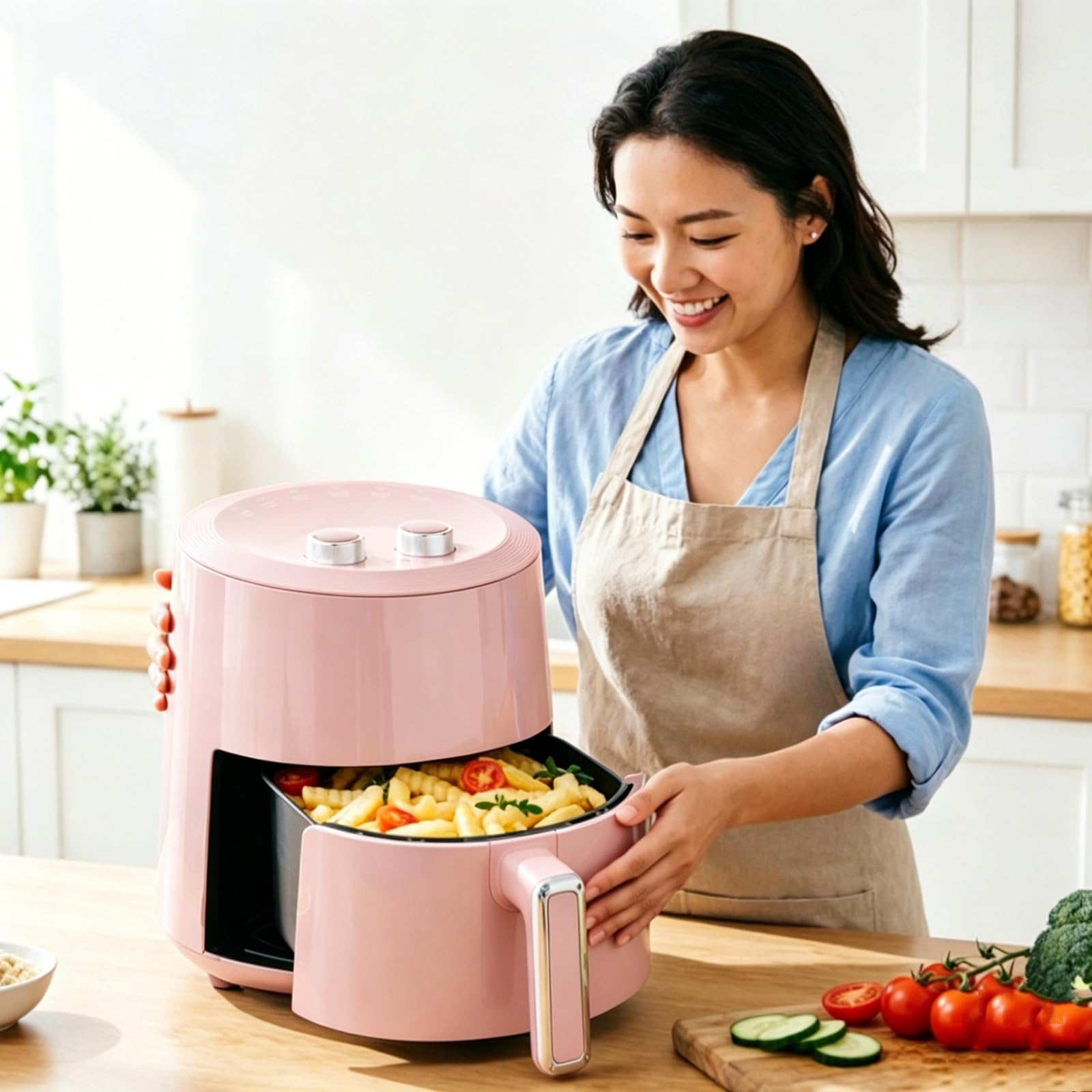 Freidora Doméstica 3.7L Freidora Compacta Freidora Eléctrica Multifuncional De Gran Capacidad Funcionamiento Con Doble Botón Horno Freidor De Aire Para Uso Doméstico(Rosado)