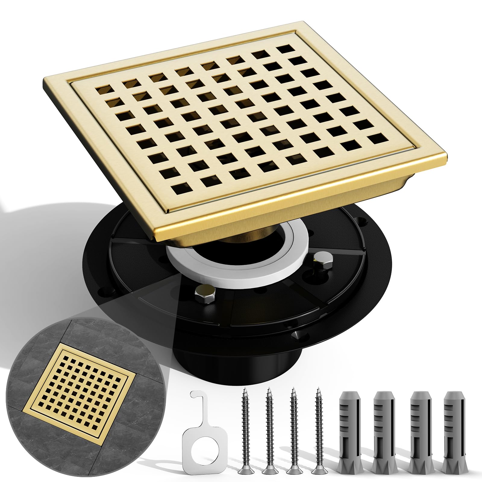 6 Inch Square Shower Drain with Flange,Brushed Gold Shower Drain SUS 304 Stainless Steel Shower Floor Drain,Grid Quadrato Modern Bathroom Drain for Shower