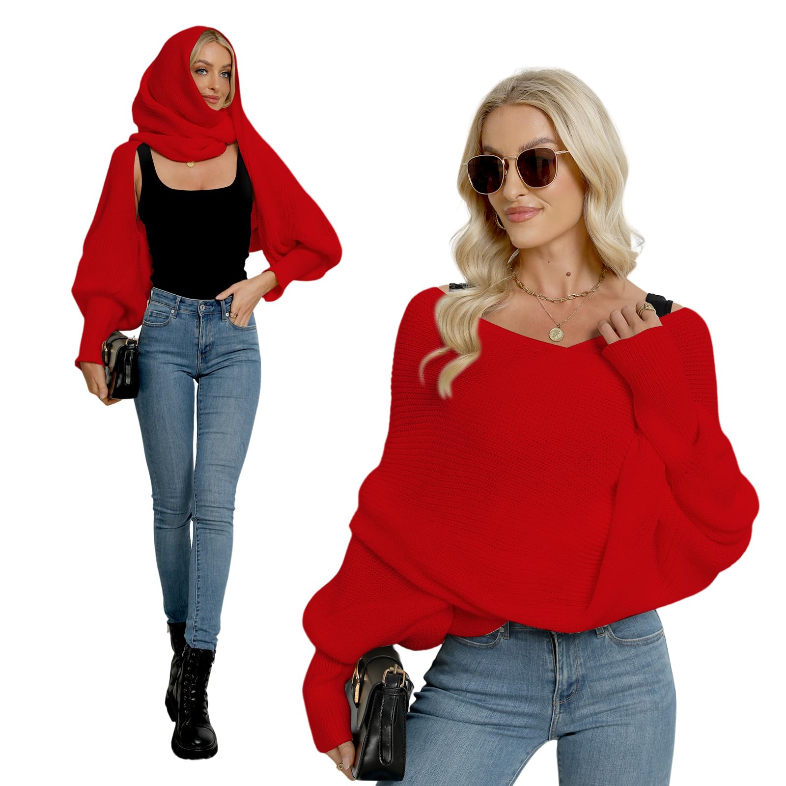 YWLINK Elegante winter warm gebreide sjaals cape effen wrap sjaal stola van wol met mouwen voor vrouwen en mannen, Ag-a, Eén Maat