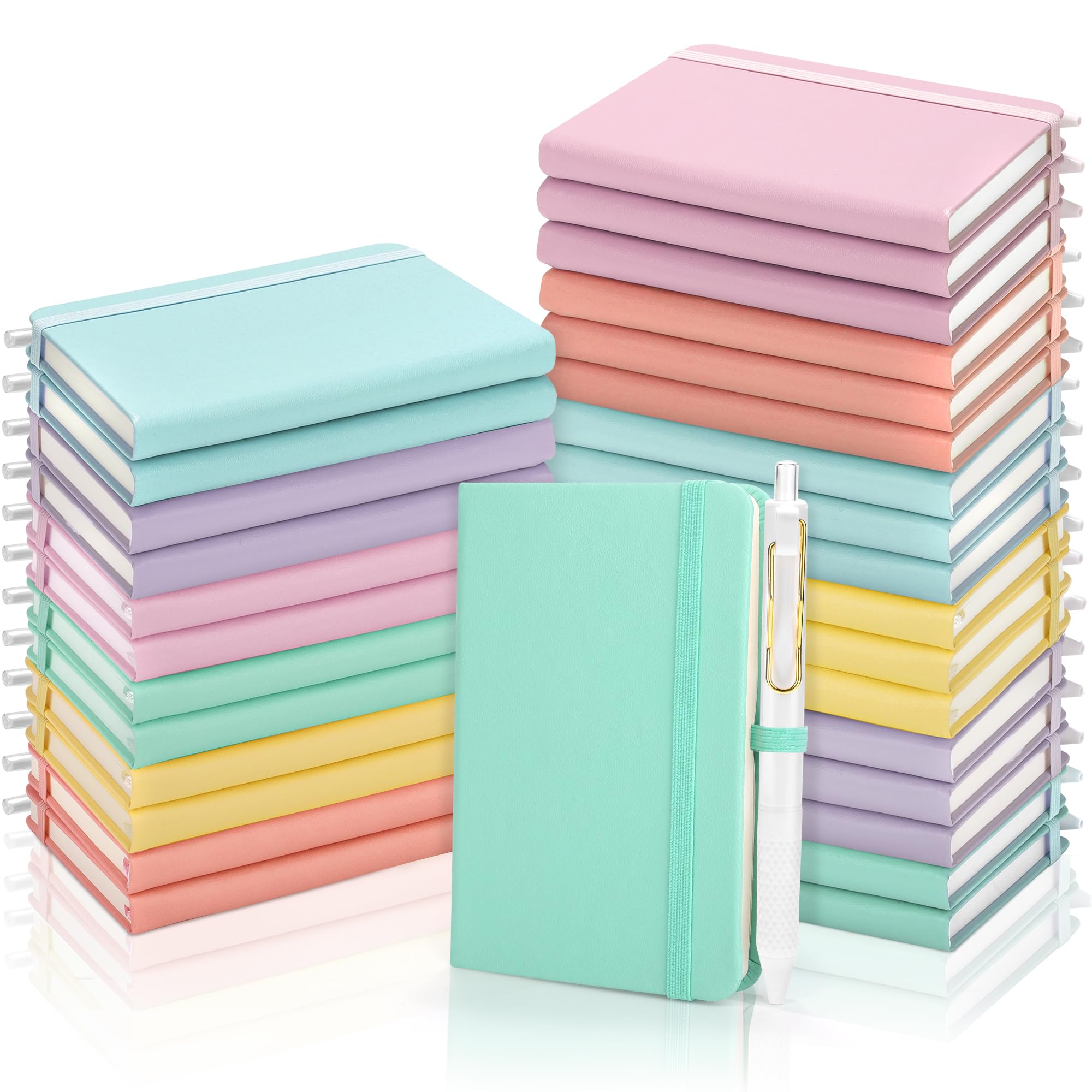 Aodaer 50 juegos de cuadernos de bolsillo con bolígrafos, 160 páginas, 3.5 x 5.5 pulgadas, mini cuaderno rayado A6 de cuero de tapa dura con soporte para bolígrafo para la escuela, oficina, multicolor