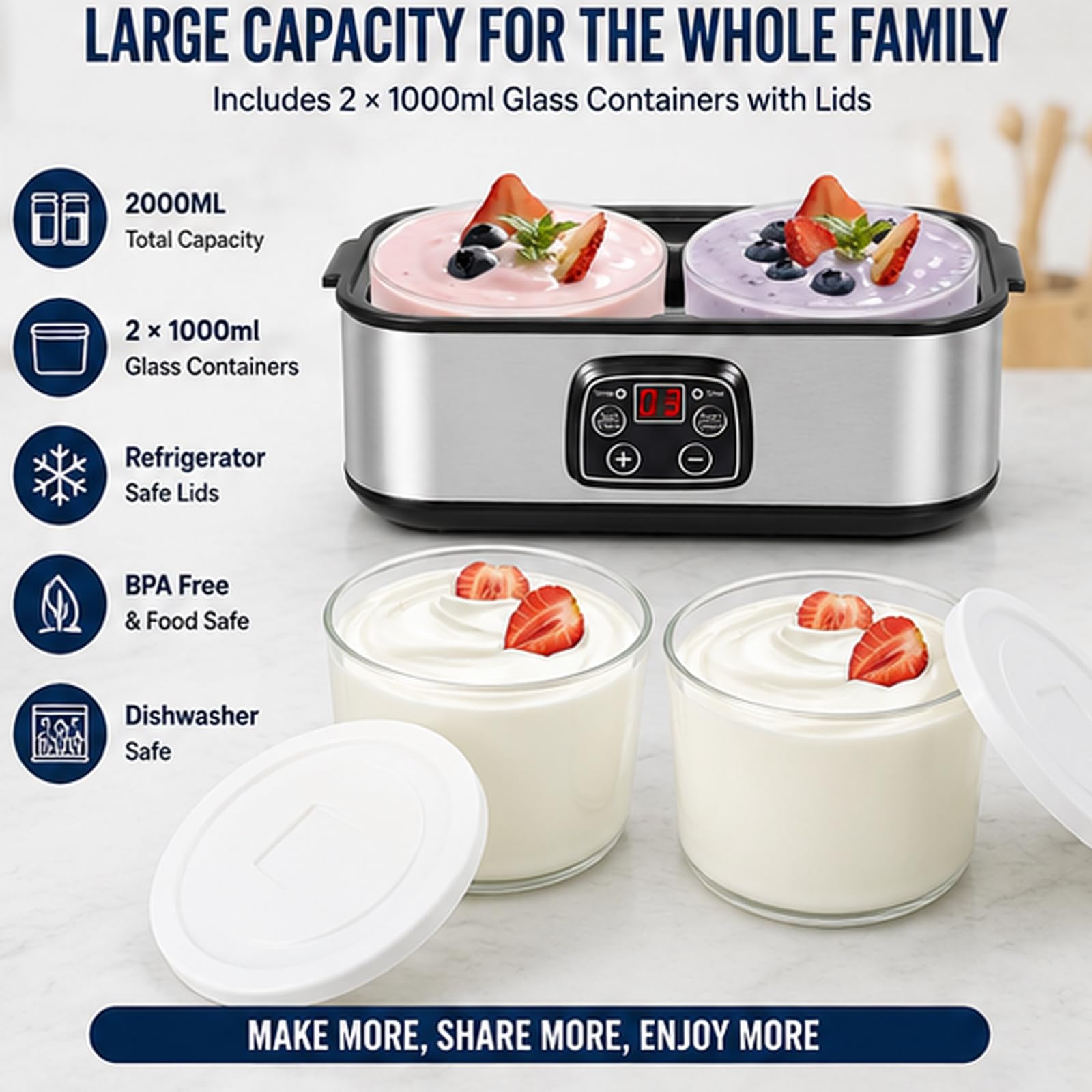 Yogurtiera Automatica da 2000 ml con 2 vasetti di Vetro, Yogurtiera in Acciaio Inossidabile con Display a LED, Controllo Tempo e Temperatura Regolabile fino a 48 Ore, per Yogurt Biologico Fatto in Cas