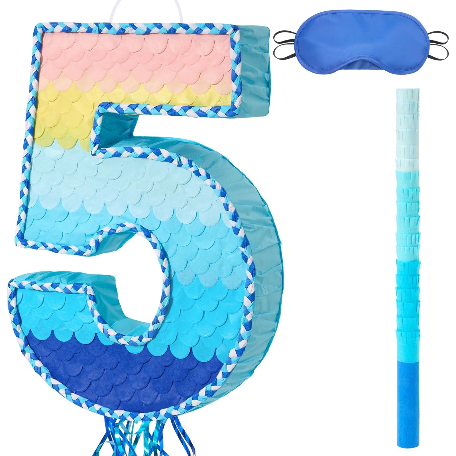 WERNNSAI Number 5 Pinata - 5th Birthday Decoration Rainbow Number Pinata with Blindfold and Stick for 5th Birthday Party 5 Year Anniversary Decoration Supplies Photo Props