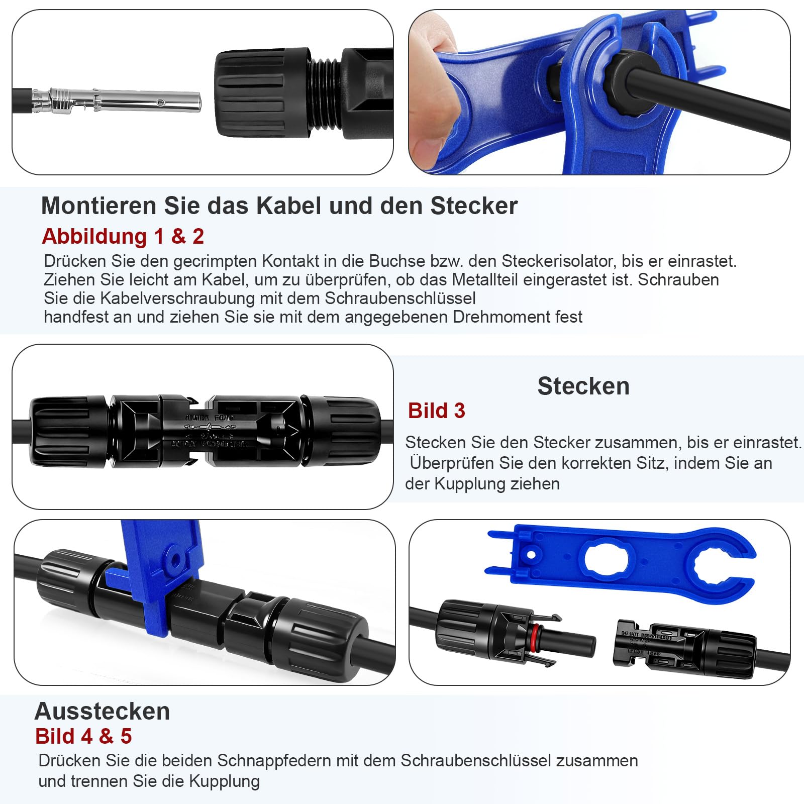Solar Crimpzange für 2.5/4/6 mm² Solarpanel Solarkabel, 10 Paar Männlich Weiblich Solarstecker, 1 Stk Crimpzange, 1 Abisolierzange und 2 Stk Schraubenschlüssel