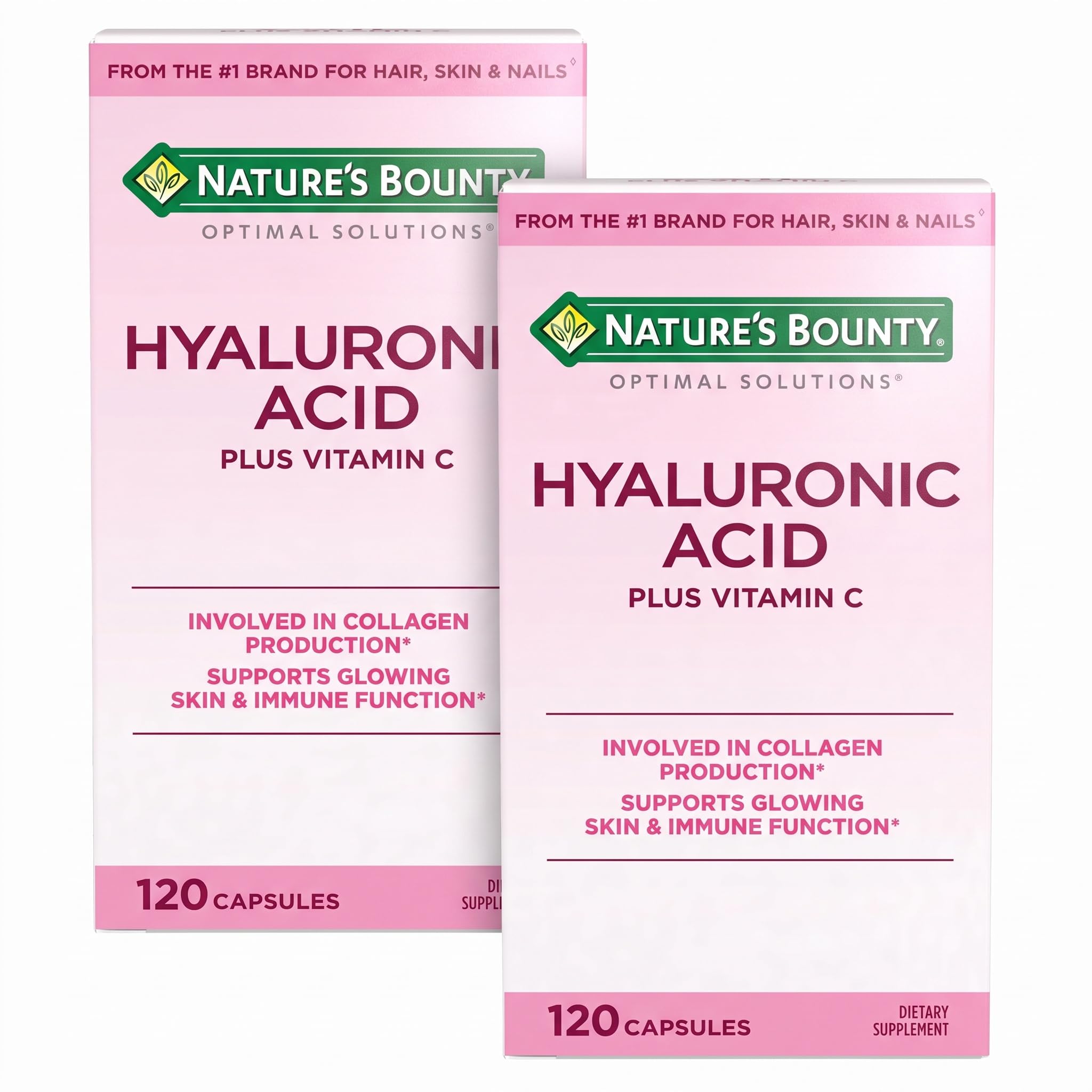 Nature's Bounty Vitamin C and Hyaluronic Acid Supplement, Supports Glowing Skin, Immune Function & Collagen Production, 120 Capsules - 60 Day Supply, Optimal So