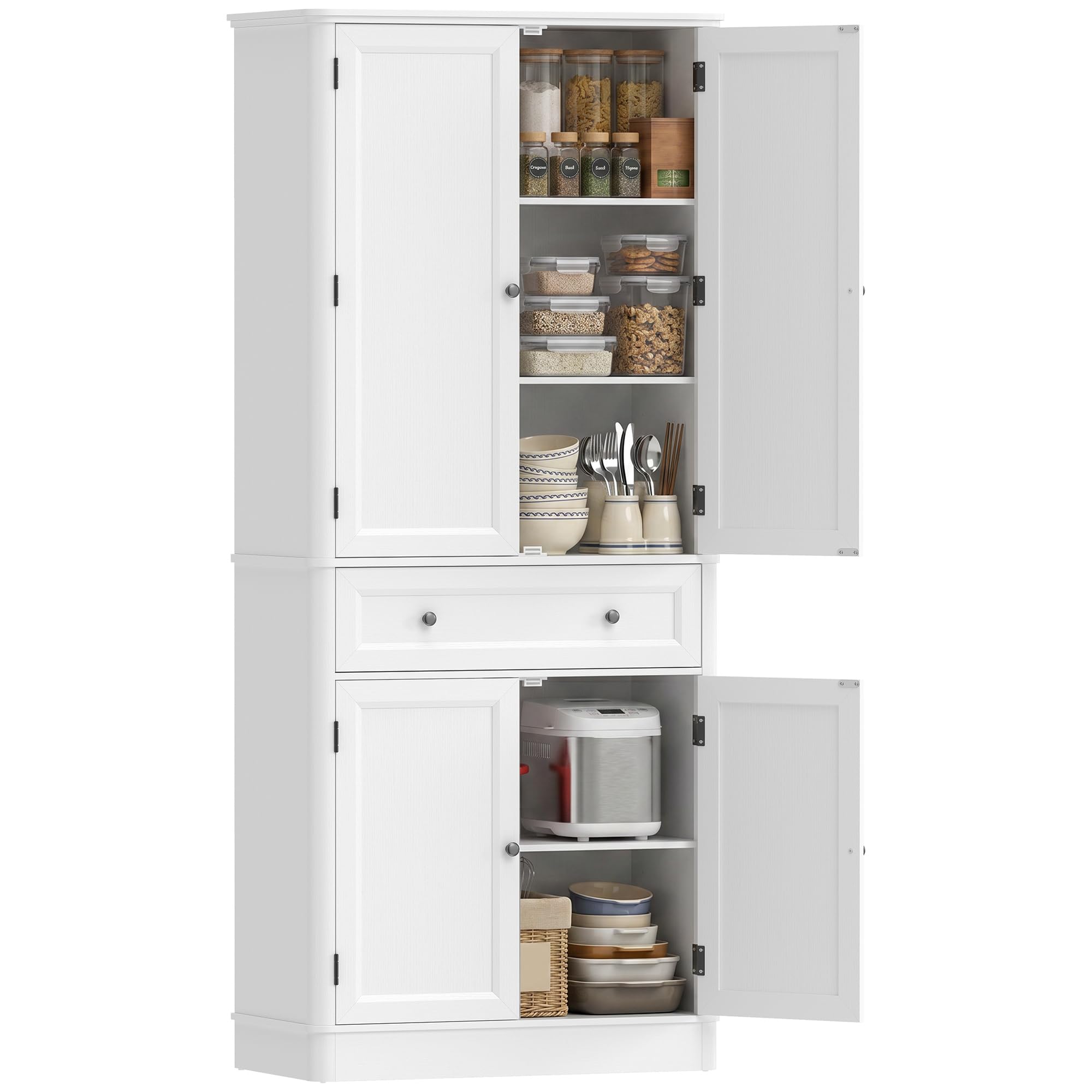 HOMCOM Küchenschrank 186,4 cm Hochschrank Buffetschrank mit 4 Türen, Schublade und verstellbaren Einlegeböden Vorratsschrank für Küche, Esszimmer, Wohnzimmer Weiß, 80 x 39,5 x 186,4 cm