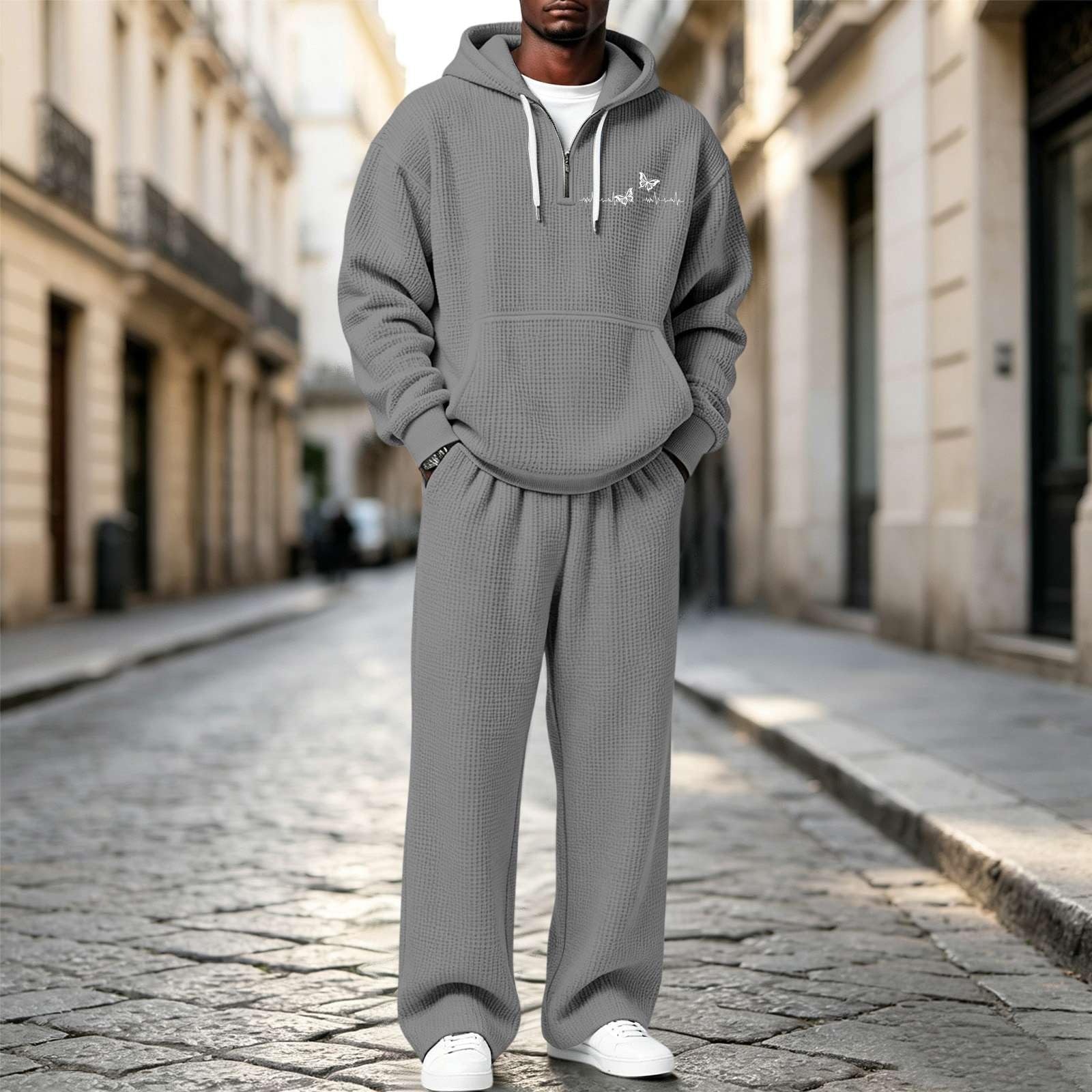 Generico Tuta Uomo Felpata Sportiva Effetto Waffle Casual Comodo con Tasche