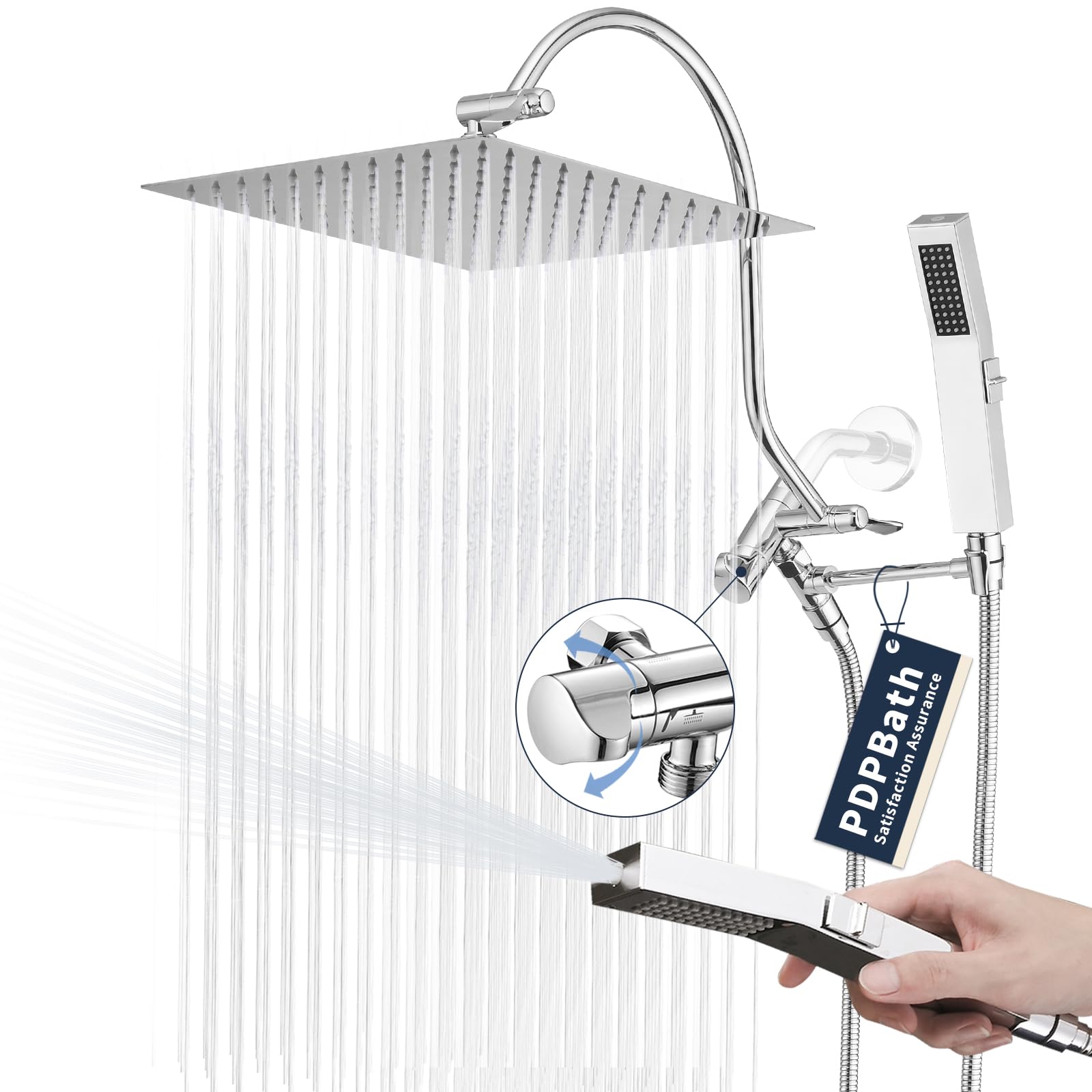 PDPBath Soffione doccia a pioggia in metallo con combinazione spray portatile, soffione doccia a pioggia ad alta pressione da 30,5 cm con braccio di estensione a collo d'oca, soffione doccia a cascata