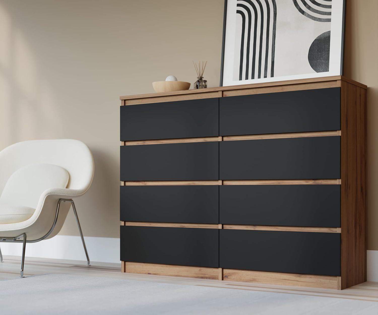 3xEliving Commode, Buffet avec 8 tiroirs chêne wotan & Noir, L 120cm H