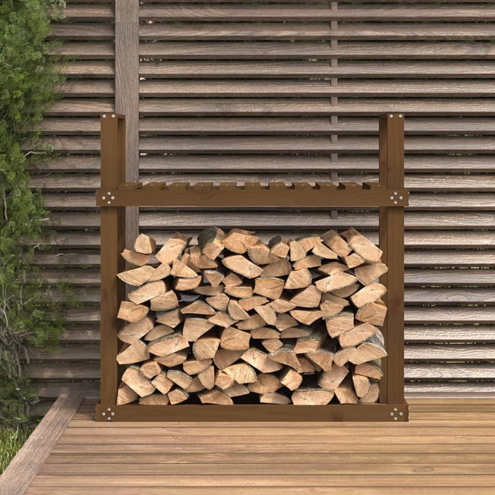 Homgoday Portalegna Marrone 110x35x108,5 cm in Legno Massello di Pino, Portalegna da Interno, Portalegna da Ardere, Porta Legna per Camino, Legnaia da Interno, Impilabile Stufa Ripiano Legno