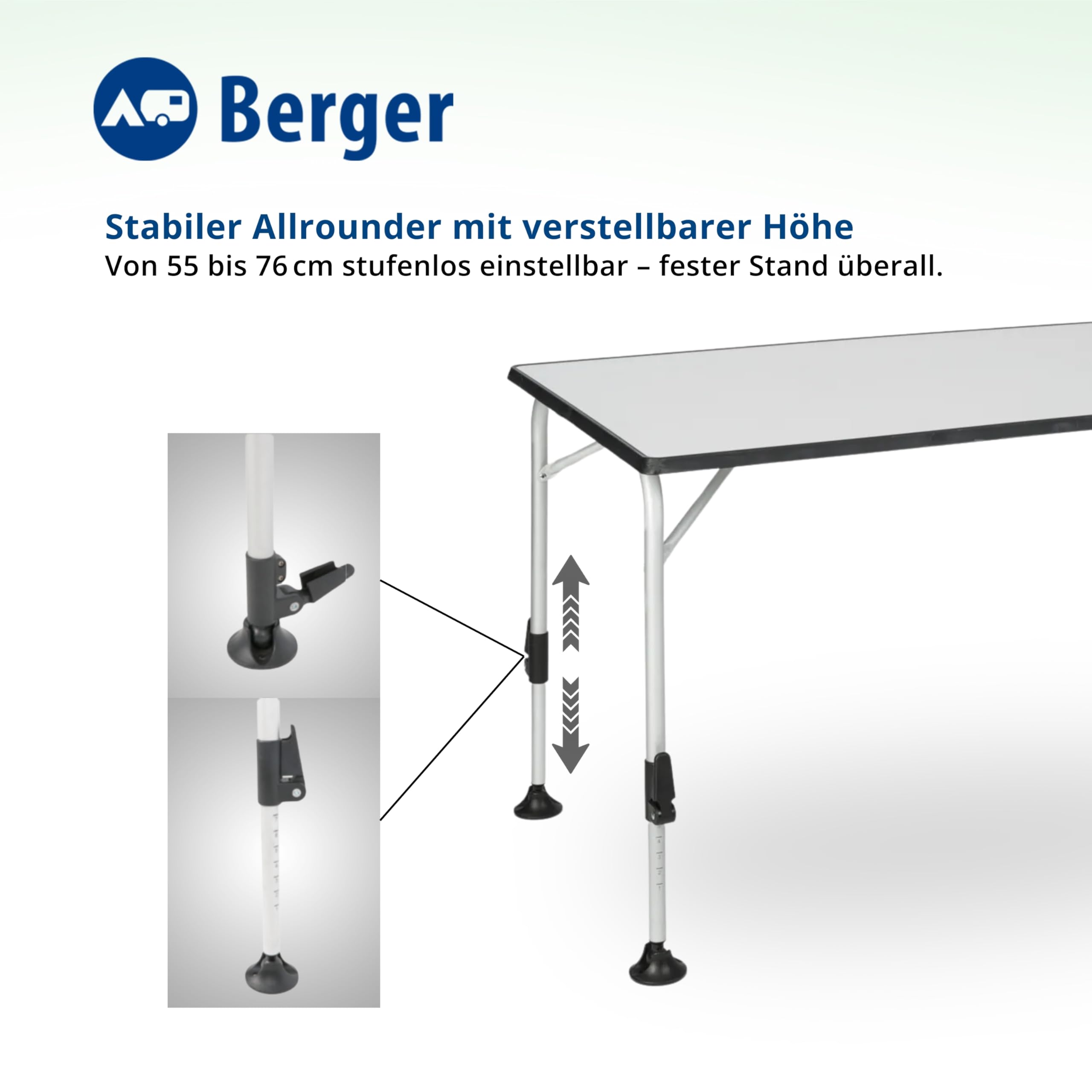 Berger Tavolo da campeggio pieghevole in alluminio e legno MDF | Tavolo da giardino, da esterno o interno, regolabile in altezza | Ivalo II 115x70 cm