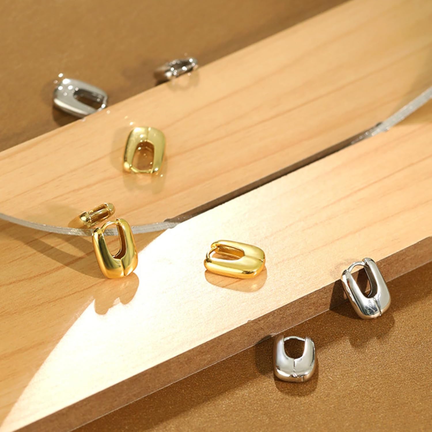 Sterling Silver Shiny Polished Puffy Oval Square Hoop Huggie Earrings 2 Tones - Image 5