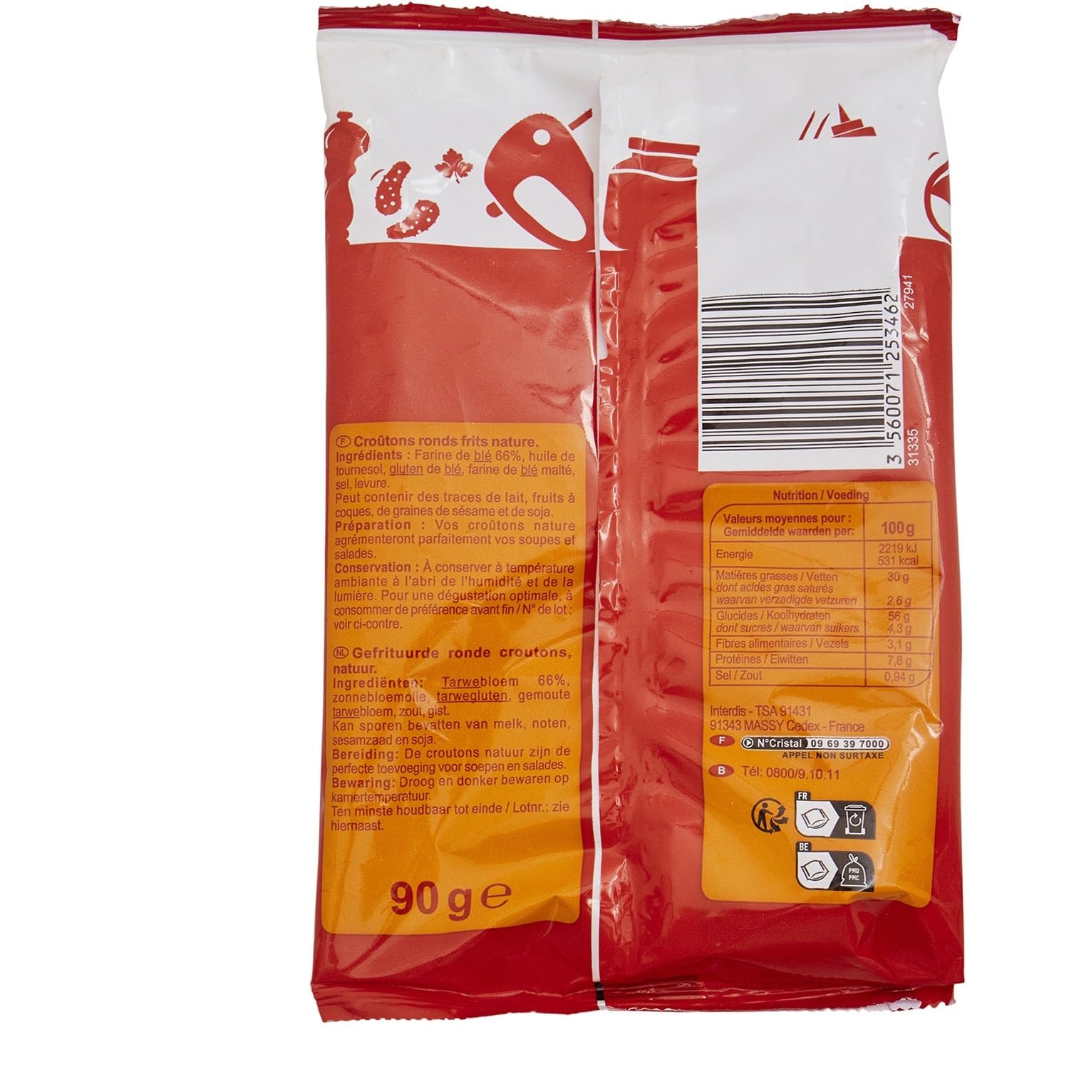 CARREFOUR CLASSIC' - Croûtons Ronds Frits Nature - Sans Huile de Palme - le sachet de 90g - Le Lot De 4