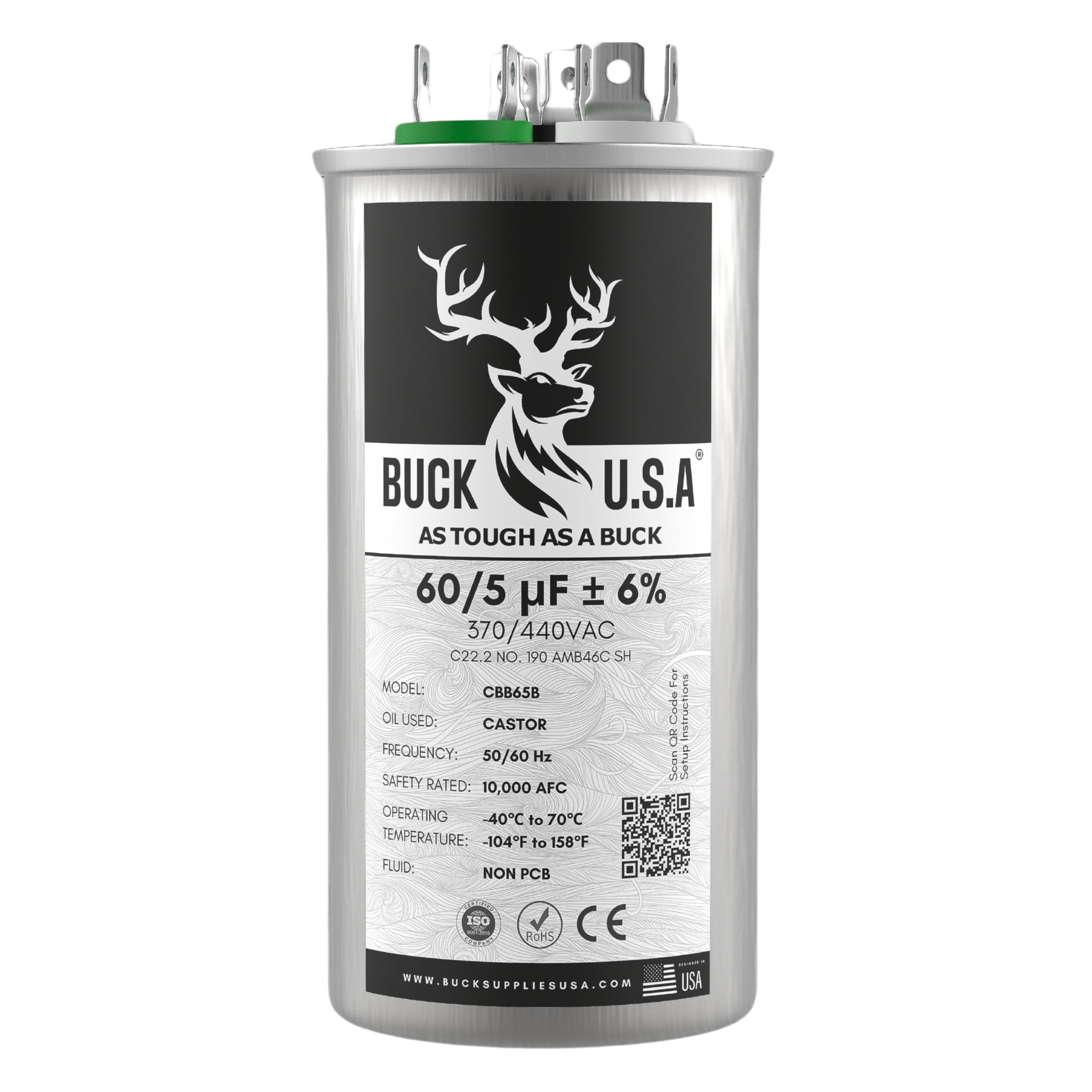 Buck 60+5uF 60/5 MFD ±6% CBB65B Dual Run Round Start Capacitor - Ideal for HVAC Systems, Air Conditioner Unit Fan Motor Start, Heat Pump, & Condenser