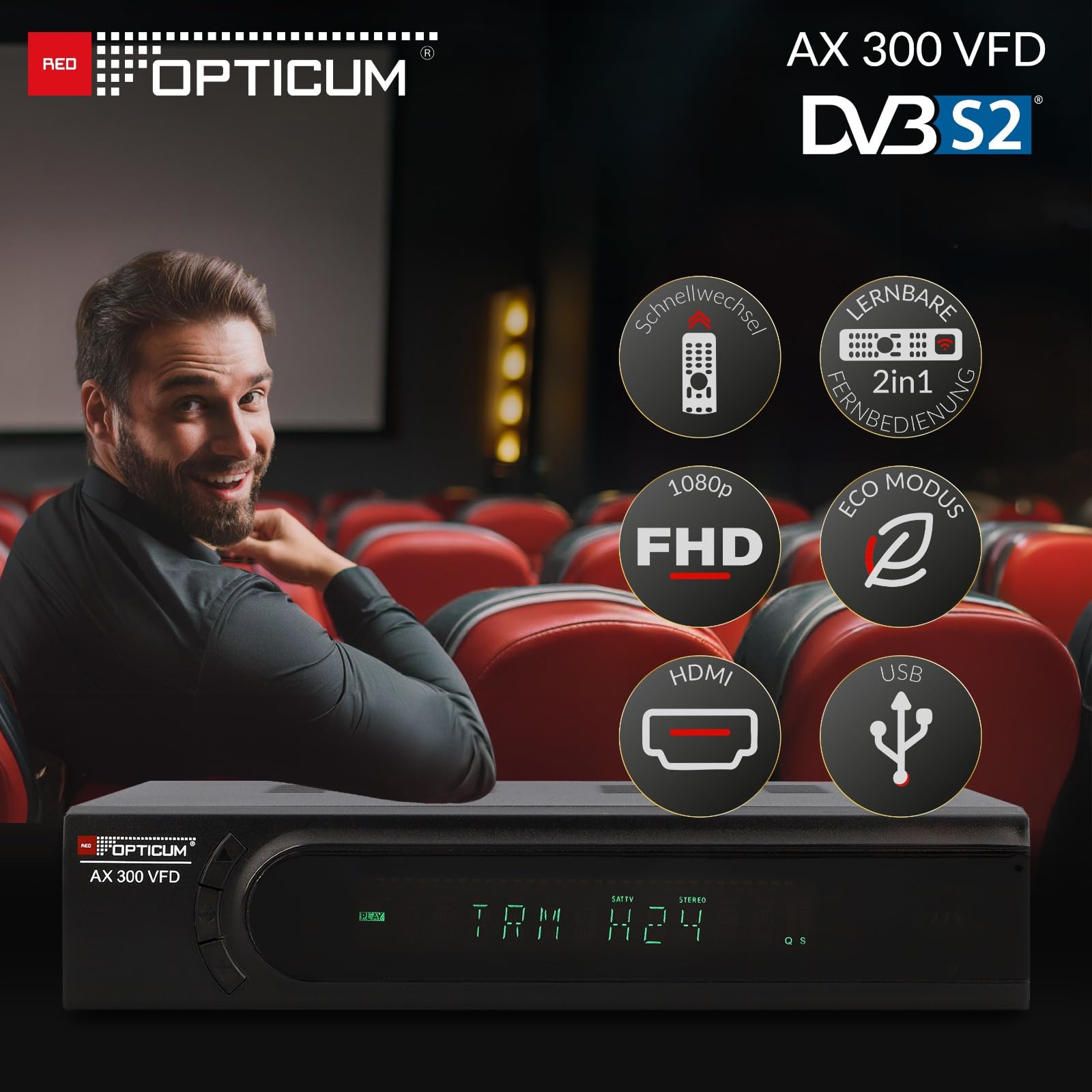 OPTICUM HD Sat Receiver AX 300 VFD Display PVR Ready USB TV Aufnahme HDMI SCART Coaxial Digital TV Receiver