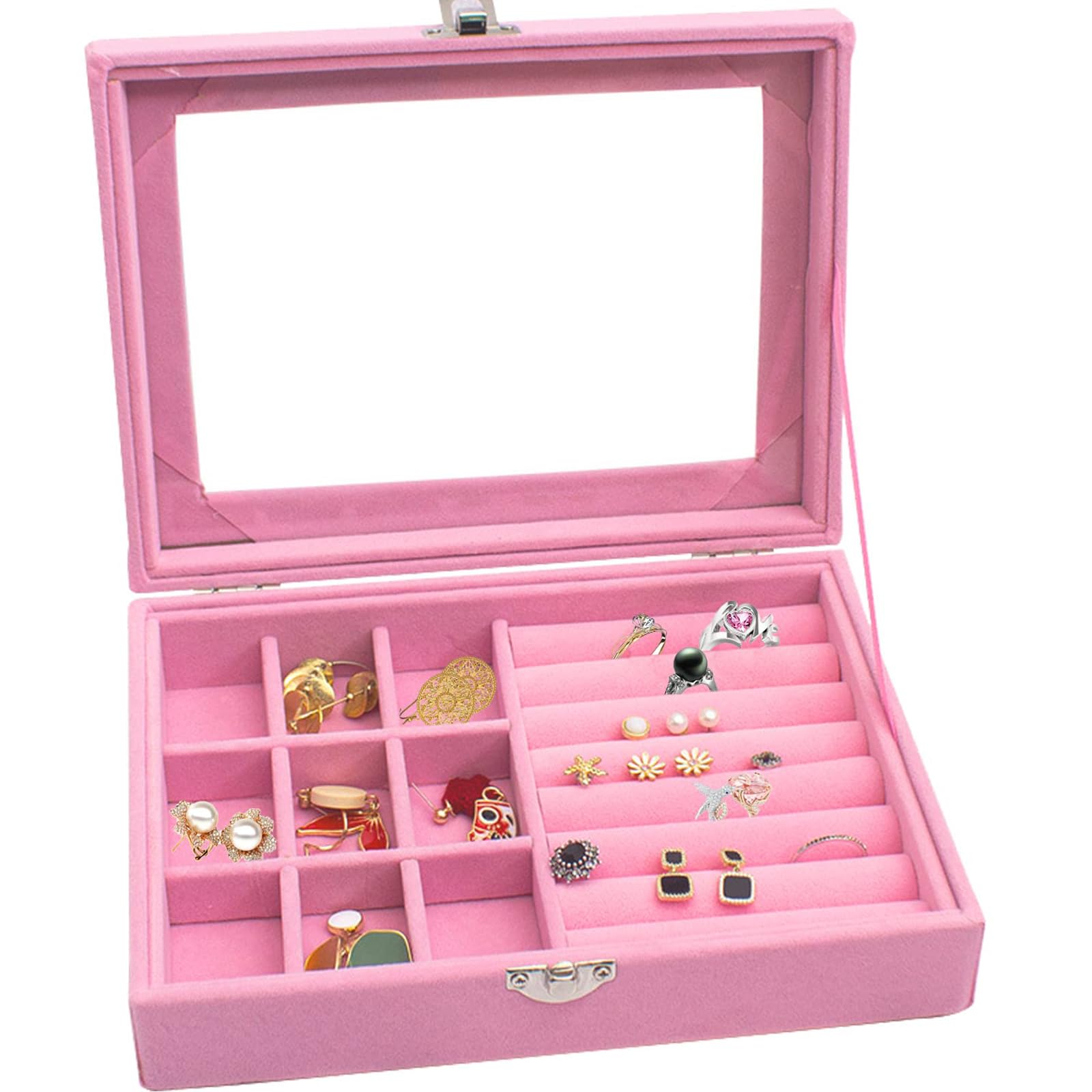 Lpvvpez Girls 9-Grid Lockable Jewelry Box With Clear Lid - Velvet Jewelry Organizer & Display Case For Rings, Earrings, Necklace, Jewellery Storage With Removal Tray