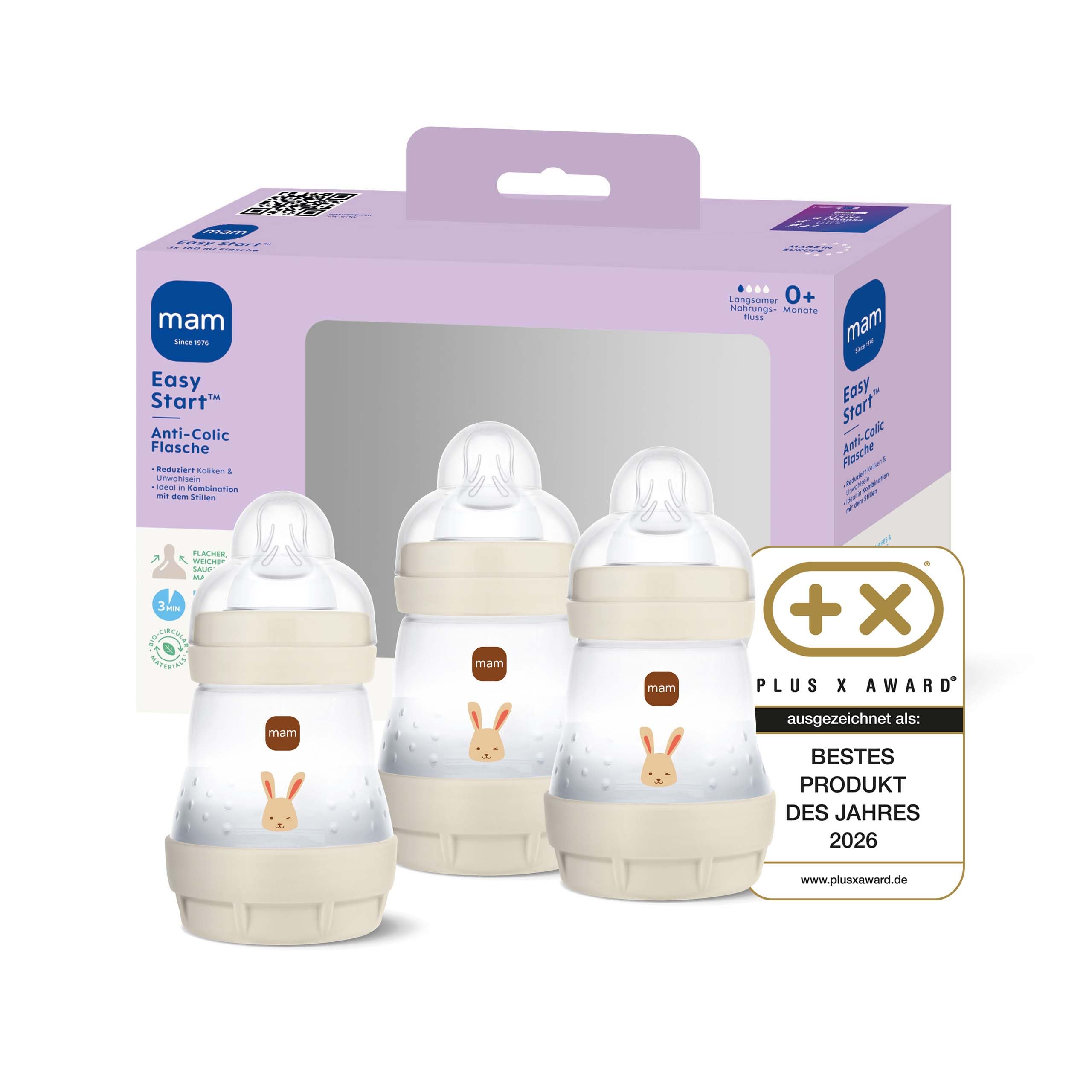 MAM Easy Start Anti-Colic Babyflasche | 0+ Mon | Testsieger | Milchflasche für Neugeborene | 80% weniger Koliken | stillfreundliche Trinkflasche für Babys | Sauger Gr. 1 | 160ml | Hase | 2 Stk