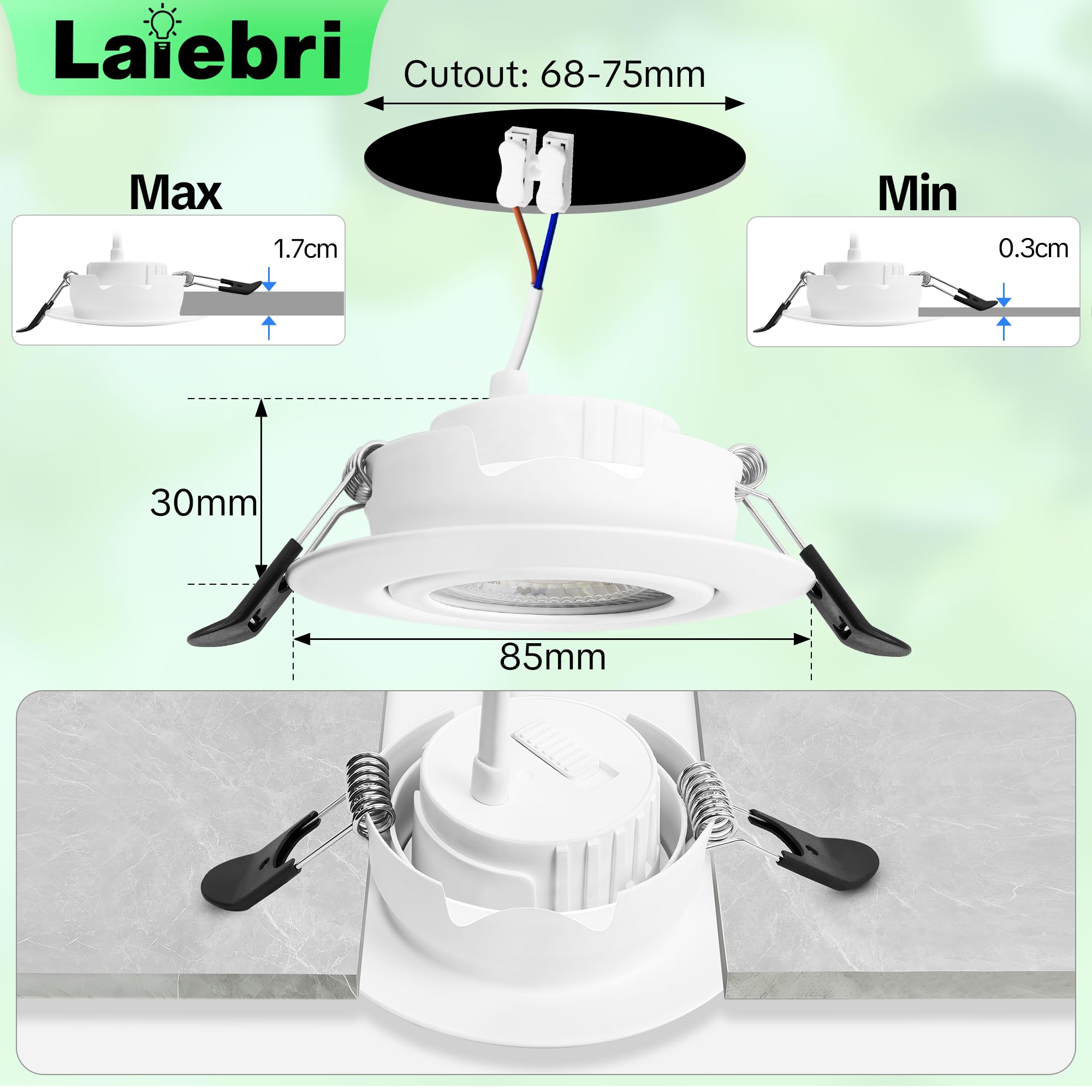 LED Einbaustrahler 230V Dimmbar, 6W IP44 LED Spots, 68mm Deckenspots 38° Schwenkbar 3000K/4000K/6000k für Badezimmer Küche Wohnzimmer Einbauspots Flach Einbauleuchten, Weiß, 6er Set