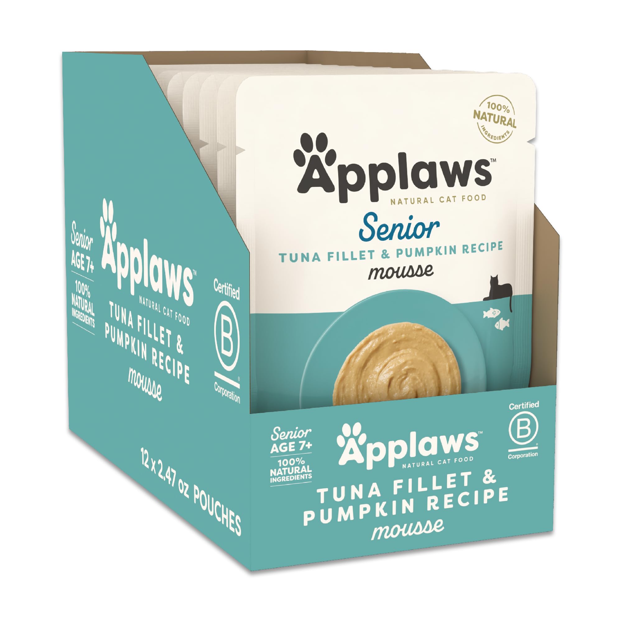 Applaws Senior Natural Wet Cat Food in Mousse, Limited and Natural Ingredients, High Protein with No Artificial Additives, Tuna Fillet & Pumpkin (24
