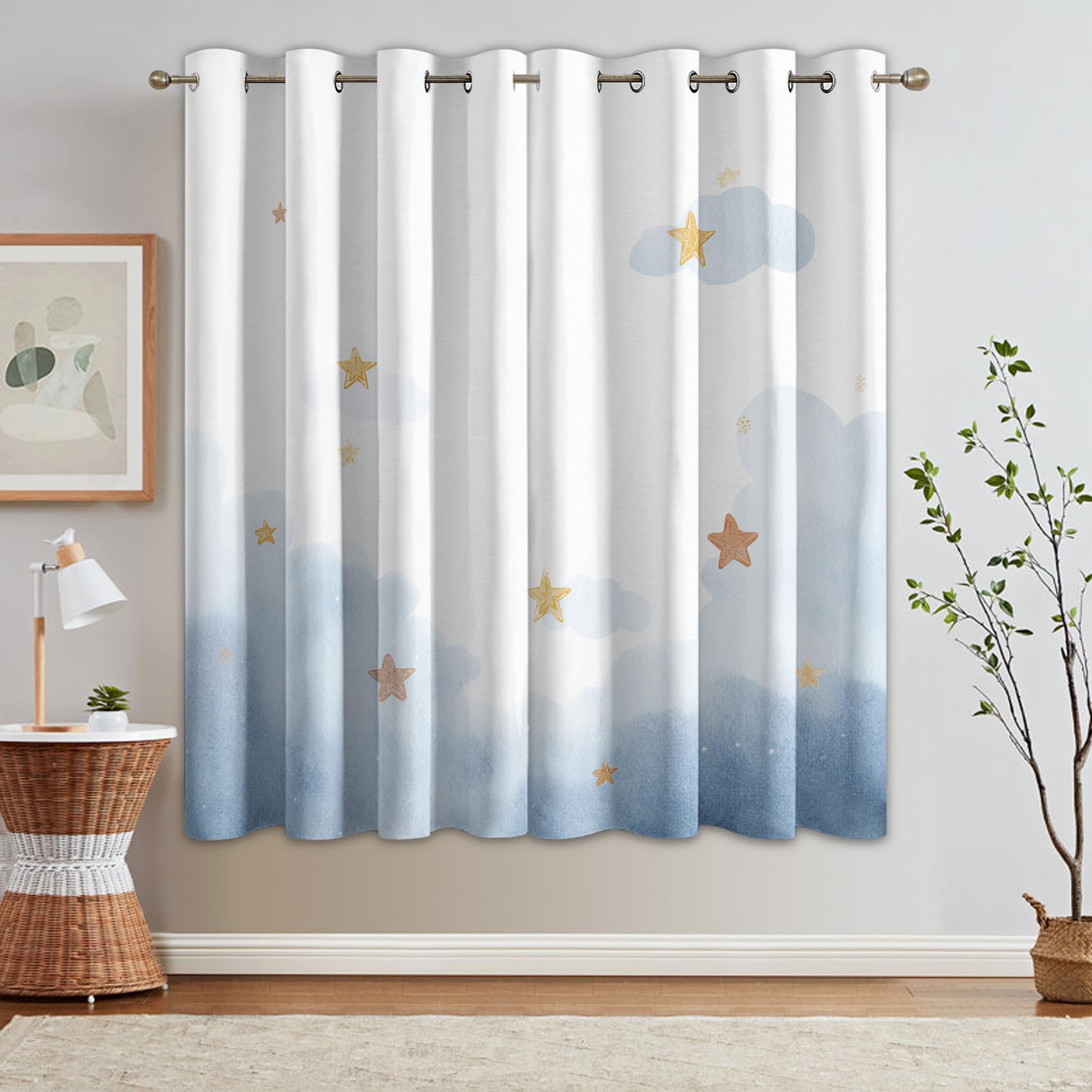 Générique Rideaux Occultants Thermique Motif étoilé Nuage, Rideau Fenetre à Oeillets Imprimé Mignon, pour Decoration Salon Chambre, 75 x 166 (LxH) 2 Pieces UD47