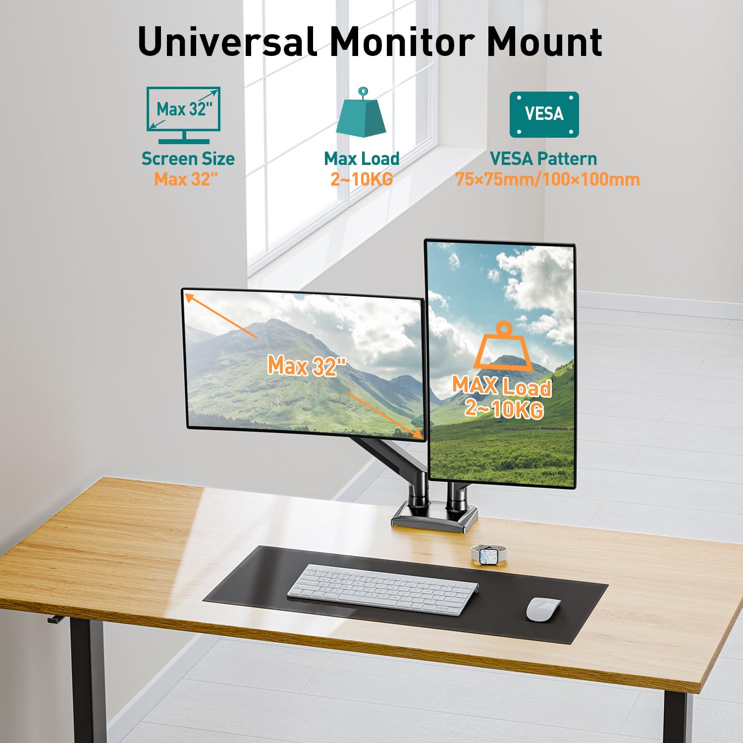 ELIVED Braccio per doppio monitor Supporto ergonomico per monitor PC regolabile a gas per la maggior parte dei monitor da 13-32 pollici con VESA 75x75/100x100 EV005