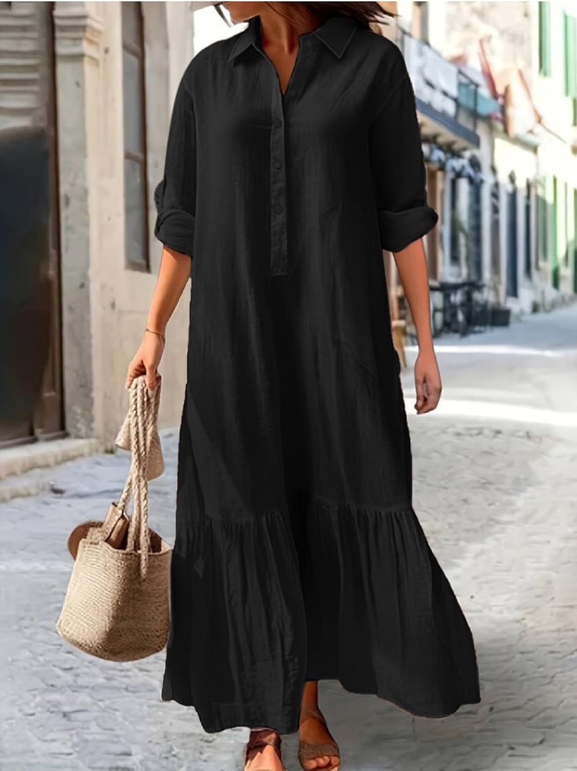 Women’s Linen Long Sleeve Maxi Shirt Dress Collection Button Loose Fit with Layered Ruffled Hem Elegant Casual Daily Wear - Image 2