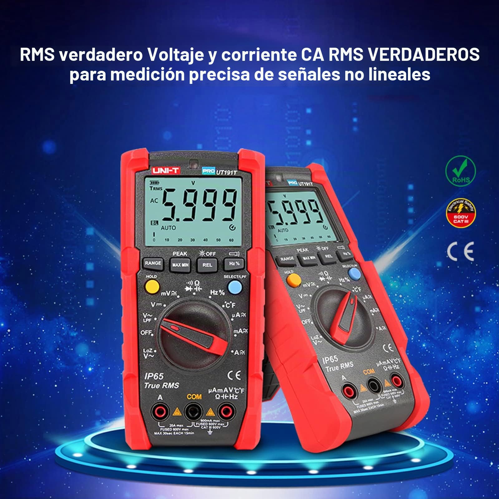 UNI-T UT191T Multímetro Profesional con IP65, 600 V AC/DC, 20A, 10Hz-1MHz, -40°C-400°C/-40°F-752°F