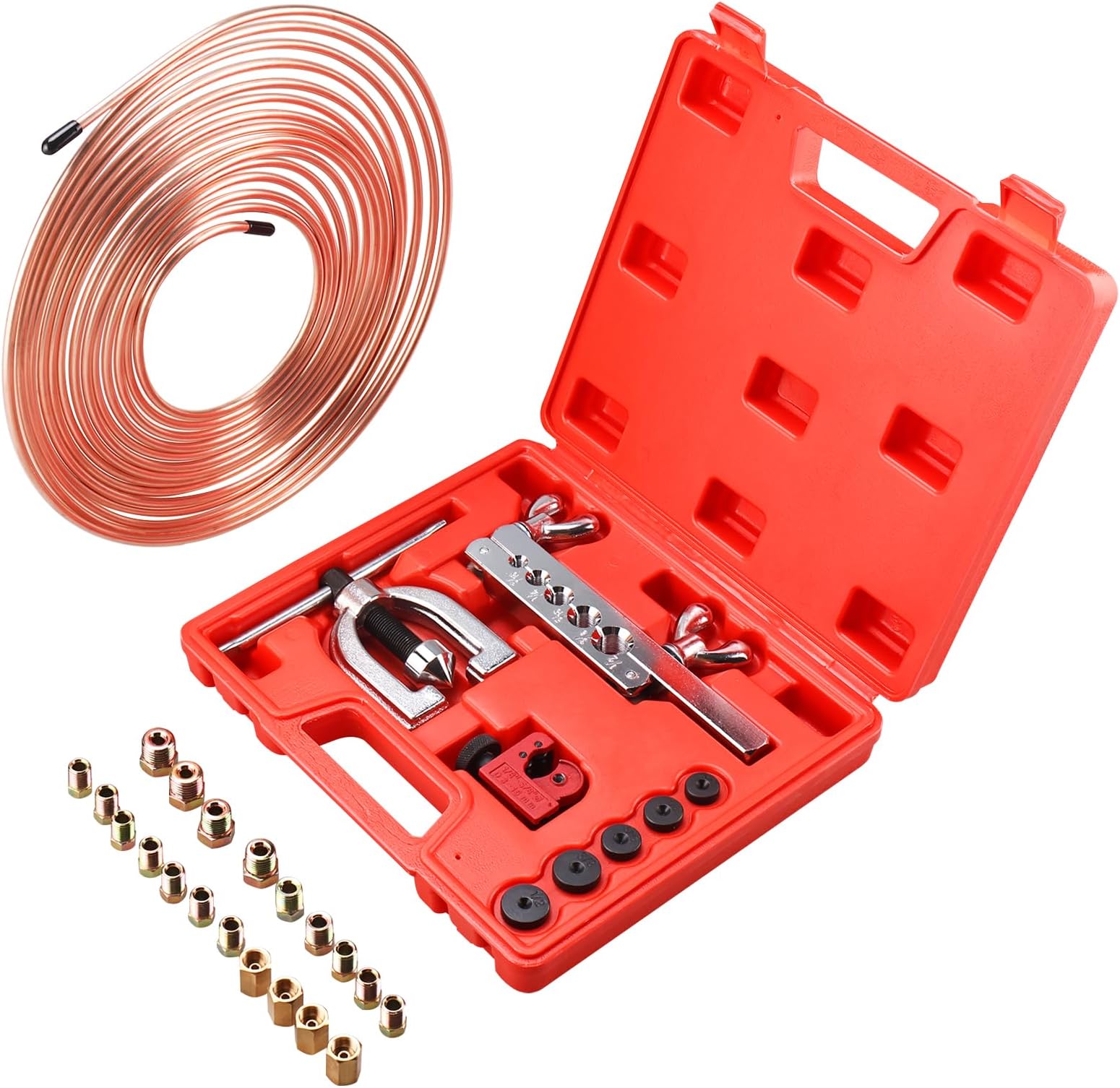 BOOMSTART Brake Line Flaring Tool Kit 3/16" with 25 ft Brake Line, Tube Cutter, 5 Adapters, 16 Fittings & 4 Unions – Double & Single Flare Tool Set