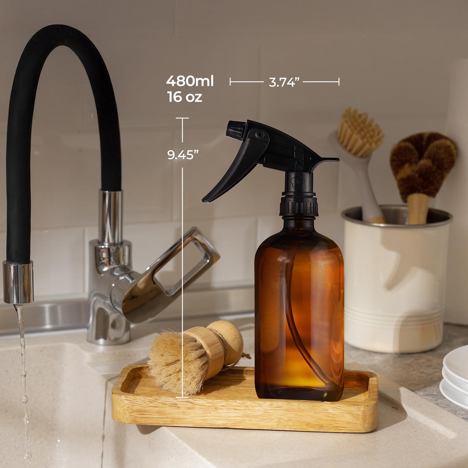 SOUL ONE Botellas de spray de vidrio ámbar recargables de 16 onzas con boquillas ajustables, paquete de 2, botellas de chorro para soluciones de limpieza, aceites esenciales, plantas, nebulización