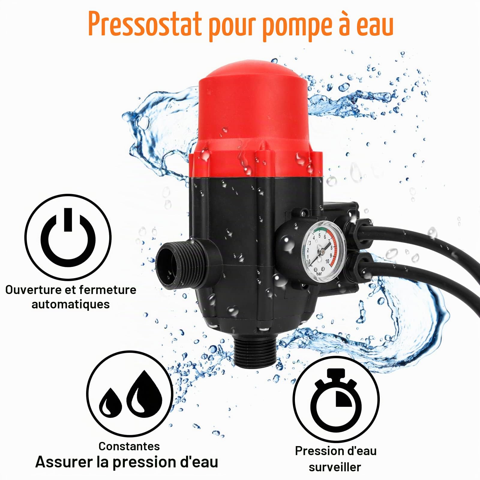 Ikodm Commande de pompe avec indicateur de bar et câble, Pressostat de 10 bar Marche/Arrêt Automatique Pression d'eau Constante pour Jardin Maison, Contrôle la pression de l'eau, Rouge