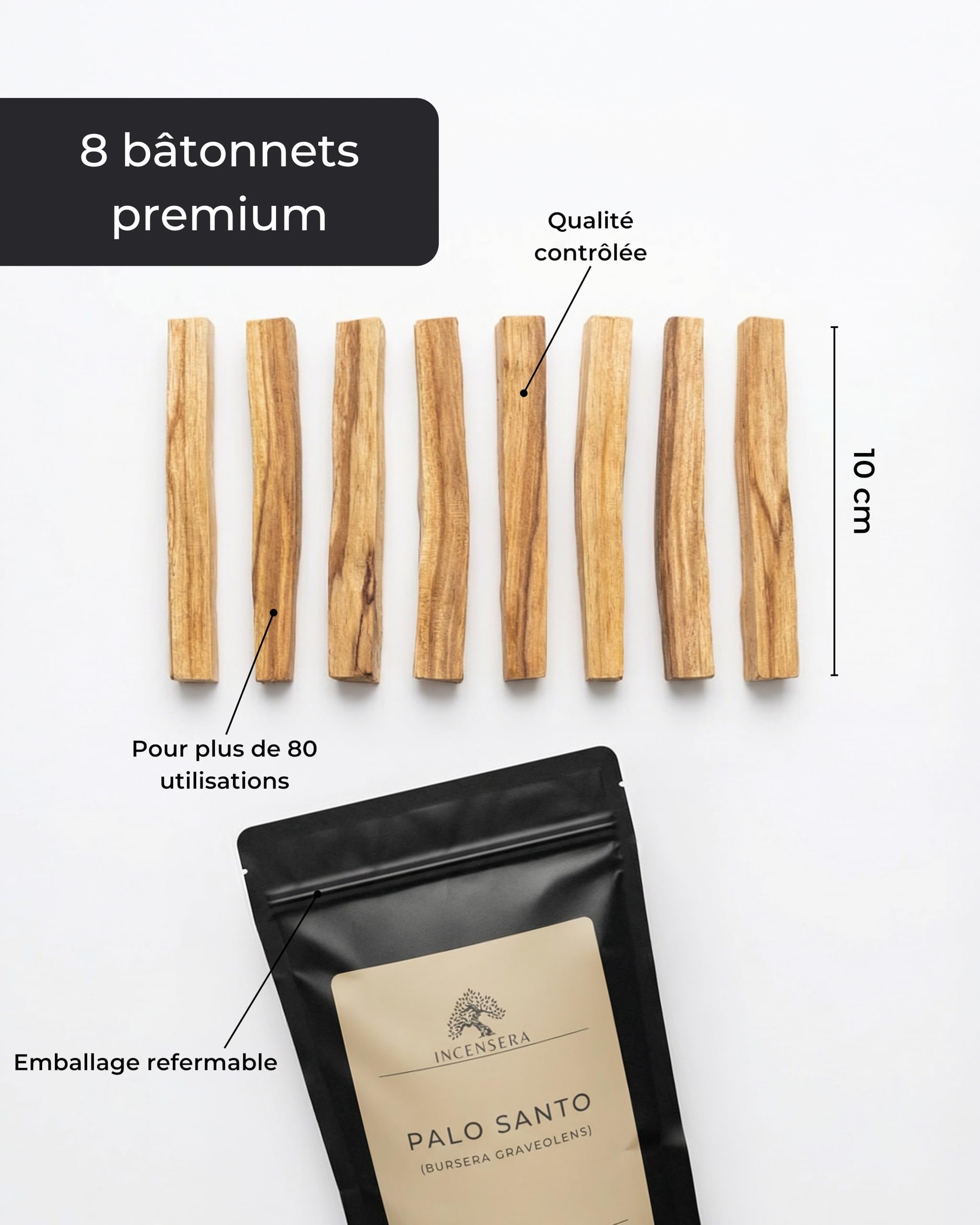 Incensera Bois de Palo Santo 8 Bâtons d'Encens Naturel 10 cm Purification Maison Méditation Aromathérapie