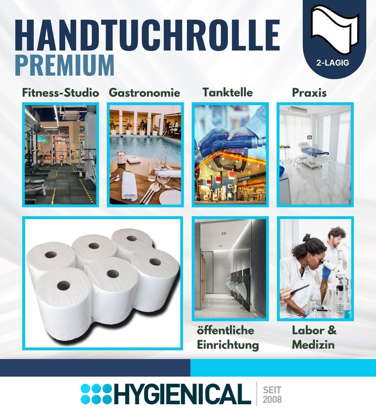 Premium Handtuchrollen 2-lagig, ca. 21 cm breit, aus 100% Zellstoff, kompatibel mit Spendern für Außenabwicklung, 6 Rollen – Weiche und saugstarke Papierhandtuchrollen